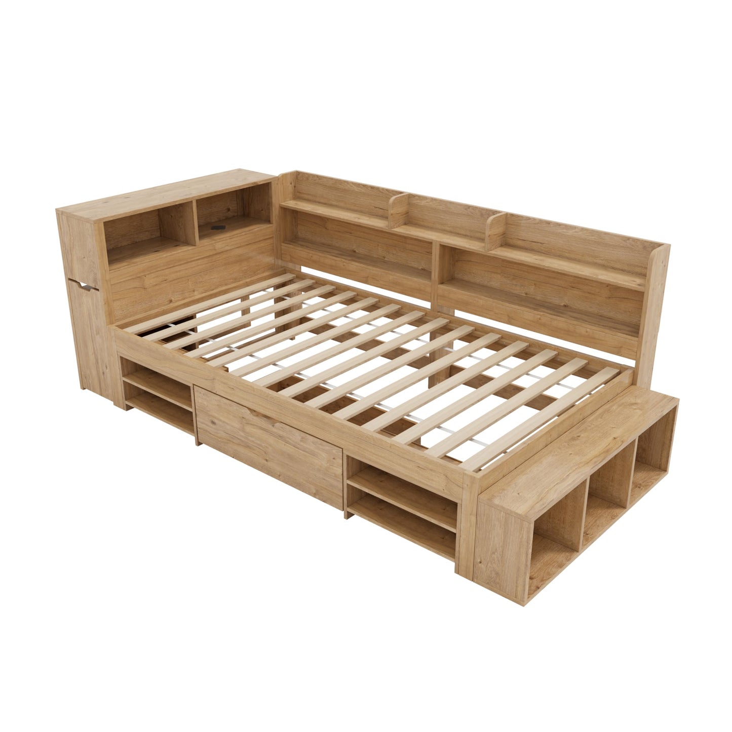 Children's Bed 90 x 200 cm, Wooden Bed with Drawers and Board, Headboard with Bookshelf and Fall Protection, Bed with Slatted Frame and Storage Space, Teenager's Bed, Functional Bed, Wooden Bed Frame,