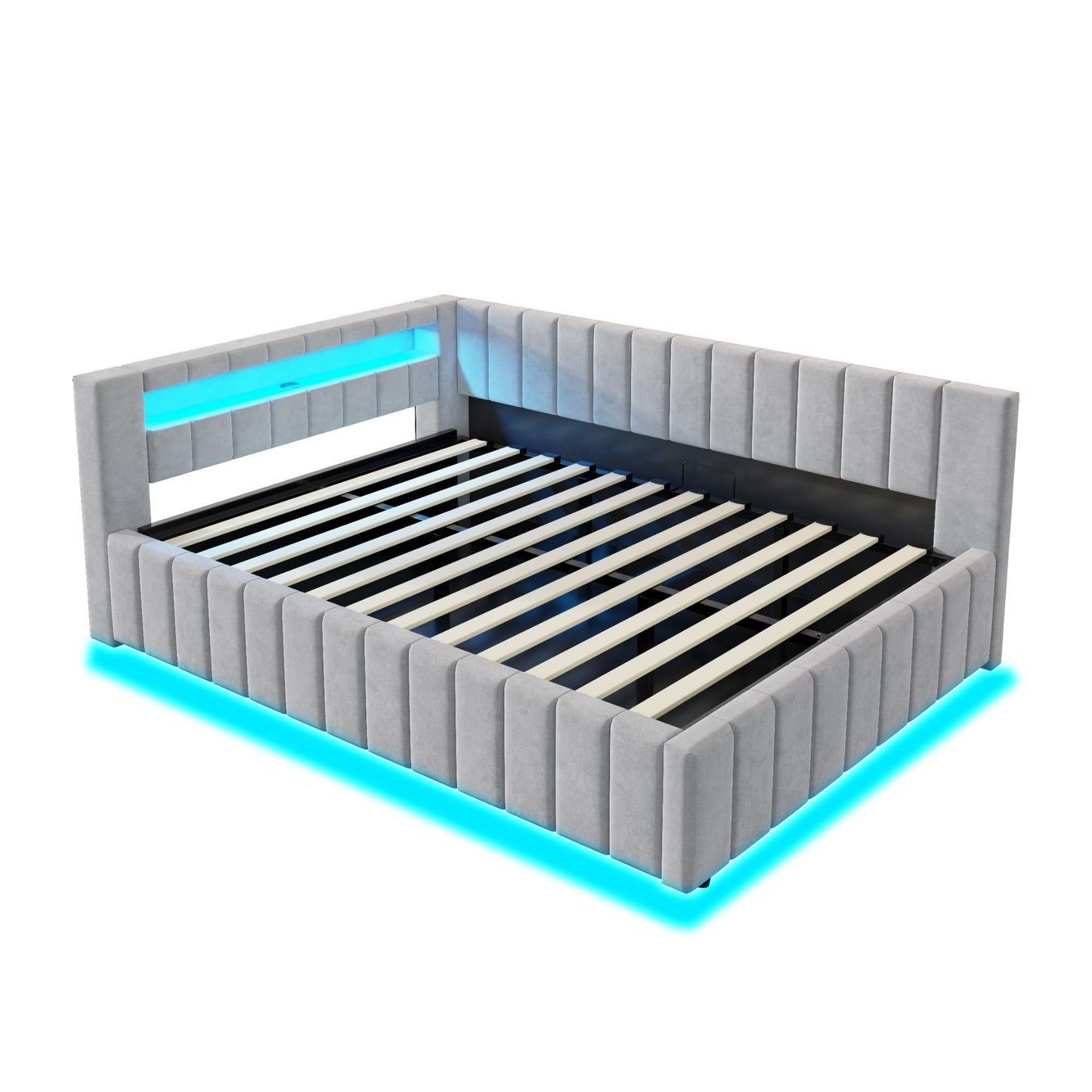 KEYIDE Upholstered Sofa Bed, 140 x 200 cm with LED Lighting and USB Charging, Bed Frame with Wooden Slatted Frame, Day Bed, Guest Bed, Youth Bed, Velvet Fabric, Without Mattress (Grey, 140 x 200)