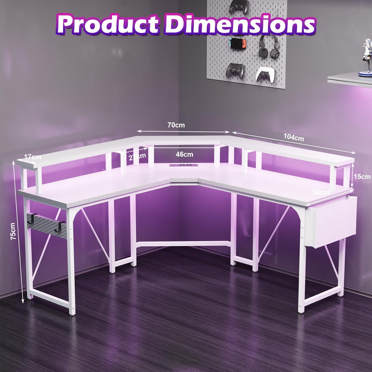 Devoko 153x153 cm Gaming Schreibtisch mit LED, groß Gaming Tisch L Form mit 2 Steckdosen und 2 USB Ladeanschluss, Eckschreibtisch PC Tisch mit großzügiger Monitorablage, Kohleschwarz