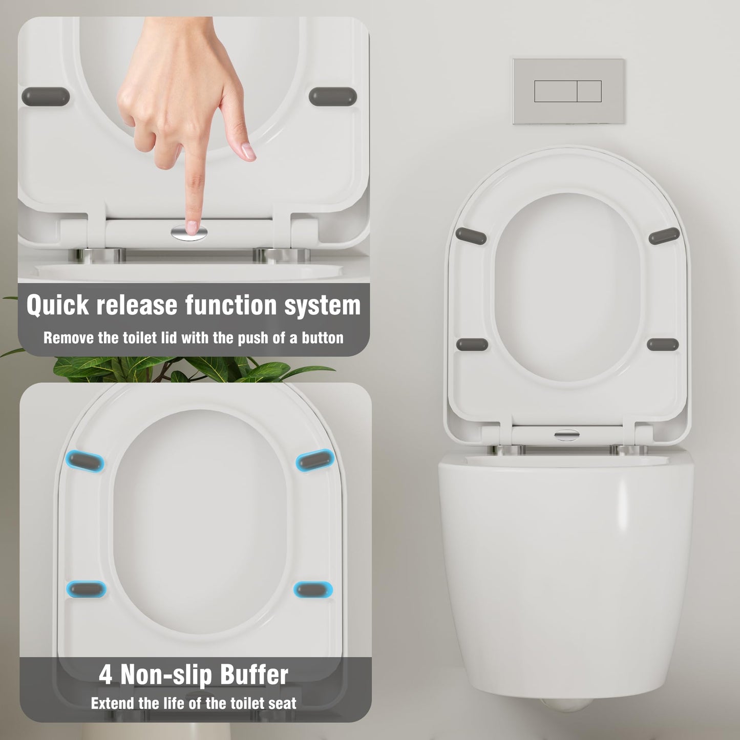 Hängend WC Spülrandlos Toilette, Wand-WC Set aus Keramik mit Toilettendeckel Abnehmbaren Absenkautomatik Effizienter Spültechnik Hängetoilette, D-Form,Lang 51cm, Weiß
