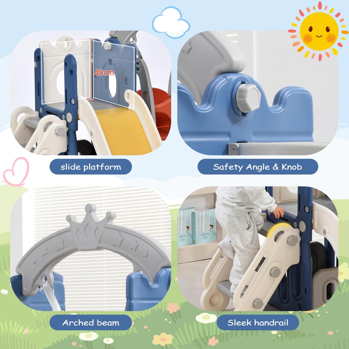BestAlice 4 in 1 Kinderrutsche Set für Outdoor und Innen, Spielplatz mit Schaukel, Basketballkorb, Kletterleiter, Indoor- und Outdoor-Spielset, 18 Monate + (Blau)