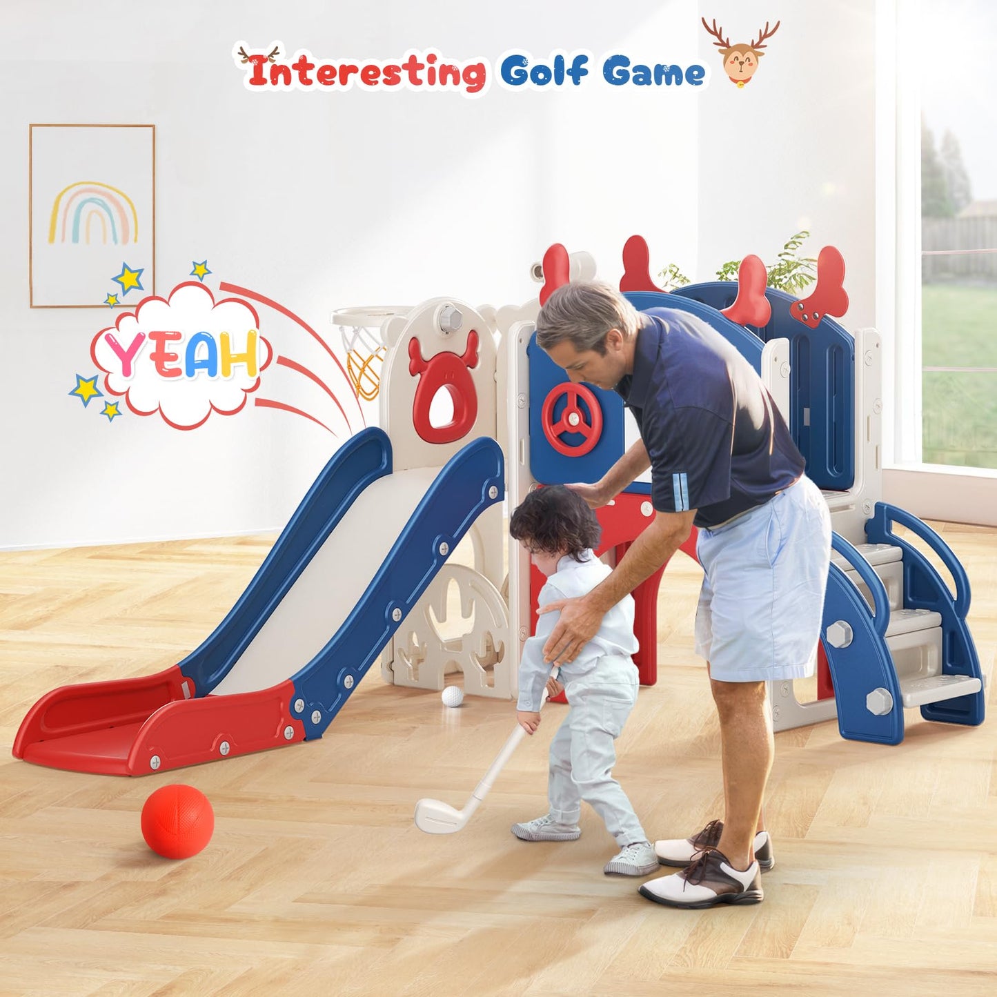 Krovtoy Kleinkindrutsche mit Weihnachtselch-Motiv, freistehende Kleinkindrutsche mit Golf-Set, Babyrutsche, Spielplatzgerät, für den Innen- und Außenbereich (Grau Beige - 6 in 1)