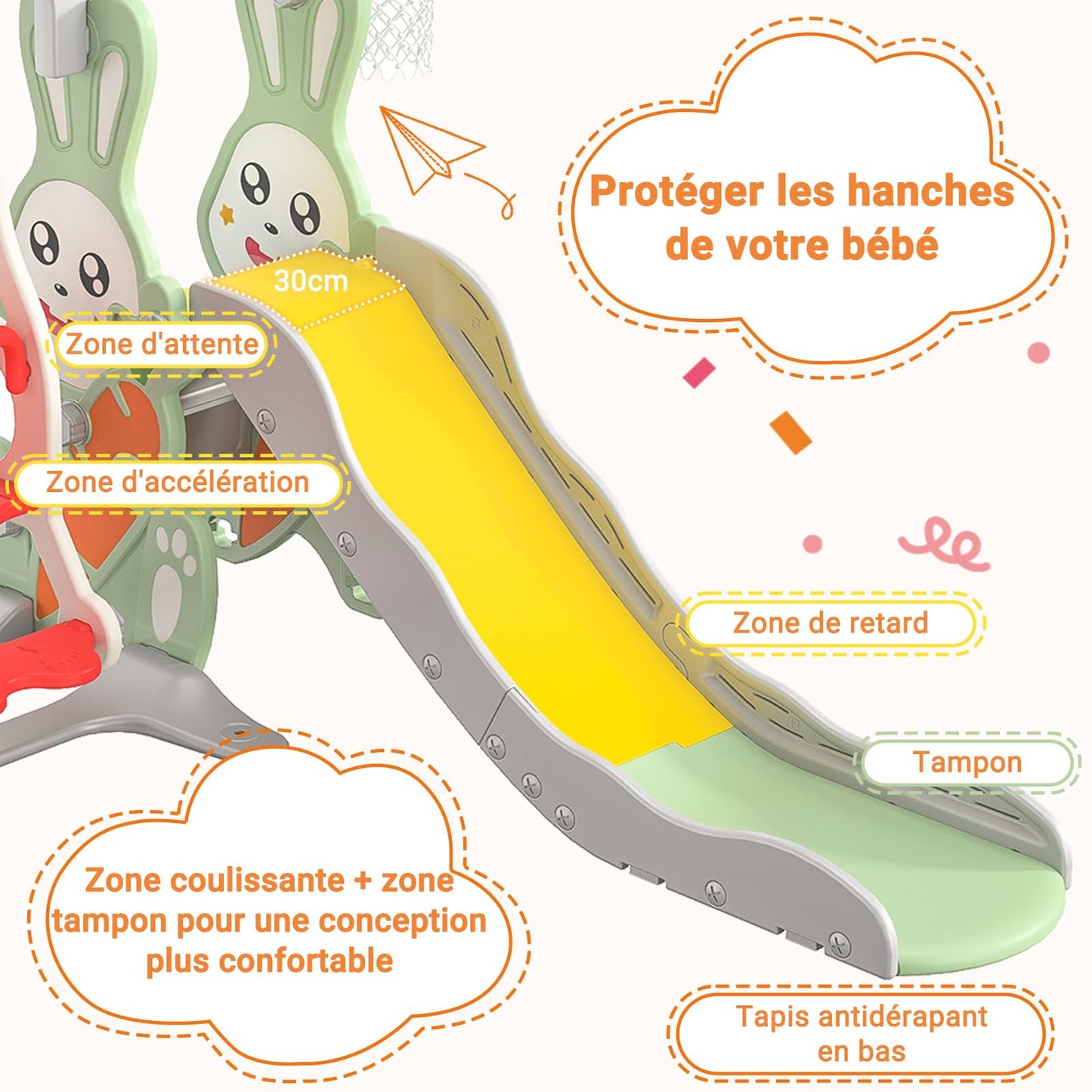 Kinderrutsche, Babyschaukel, 4 in 1, mit Schaukeln, Treppen, Gleiten, Basketballgestellen, Spielplatz für drinnen und draußen, multifunktionale Rutsche (Rosa, Kaninchen)