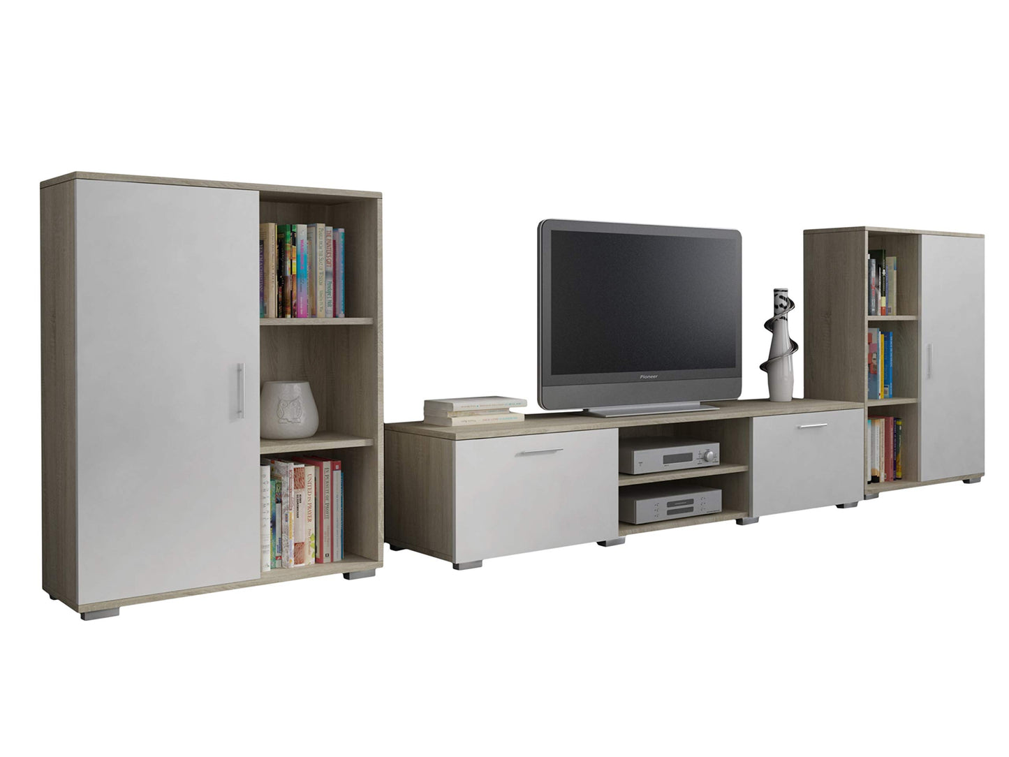 MATKAM Herkules II Wall Unit, Modern Living Room Cabinet with TV Table, Sideboard and Wall Shelf, Living Room Complete Furniture (White/Black)