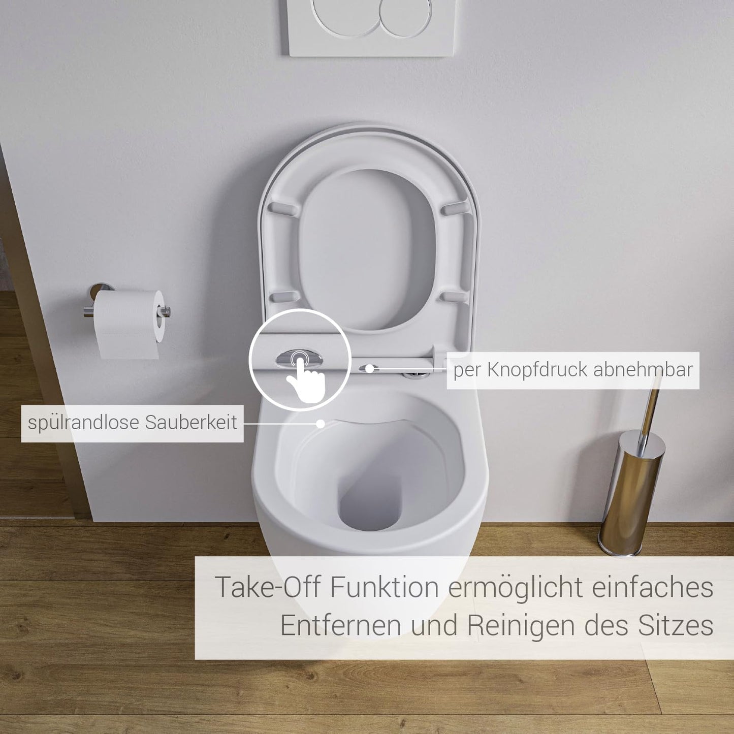 NT2038 Rimless Wall-Mounted Toilet White Shortened Version Ideal for Guest Toilets with SoftClose Lid (Soft-Close Mechanism), Toilet Made of Sanitary Ceramic with Removable Toilet Seat, Washdown