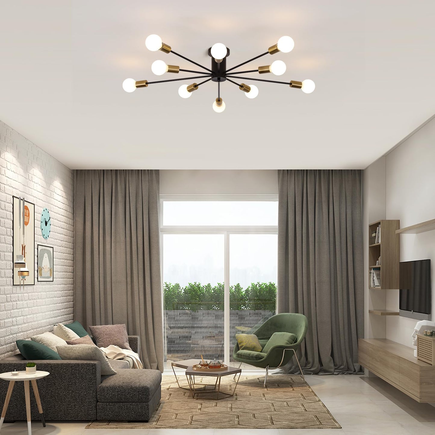 JIINOO 10 Lights Modern Chandelier Ceiling Light Gold Industrial Ceiling Lamp Medieval Semi Flush Mount Chandelier Ceiling Light for Kitchen Dining Room Living Room Bedroom Lighting