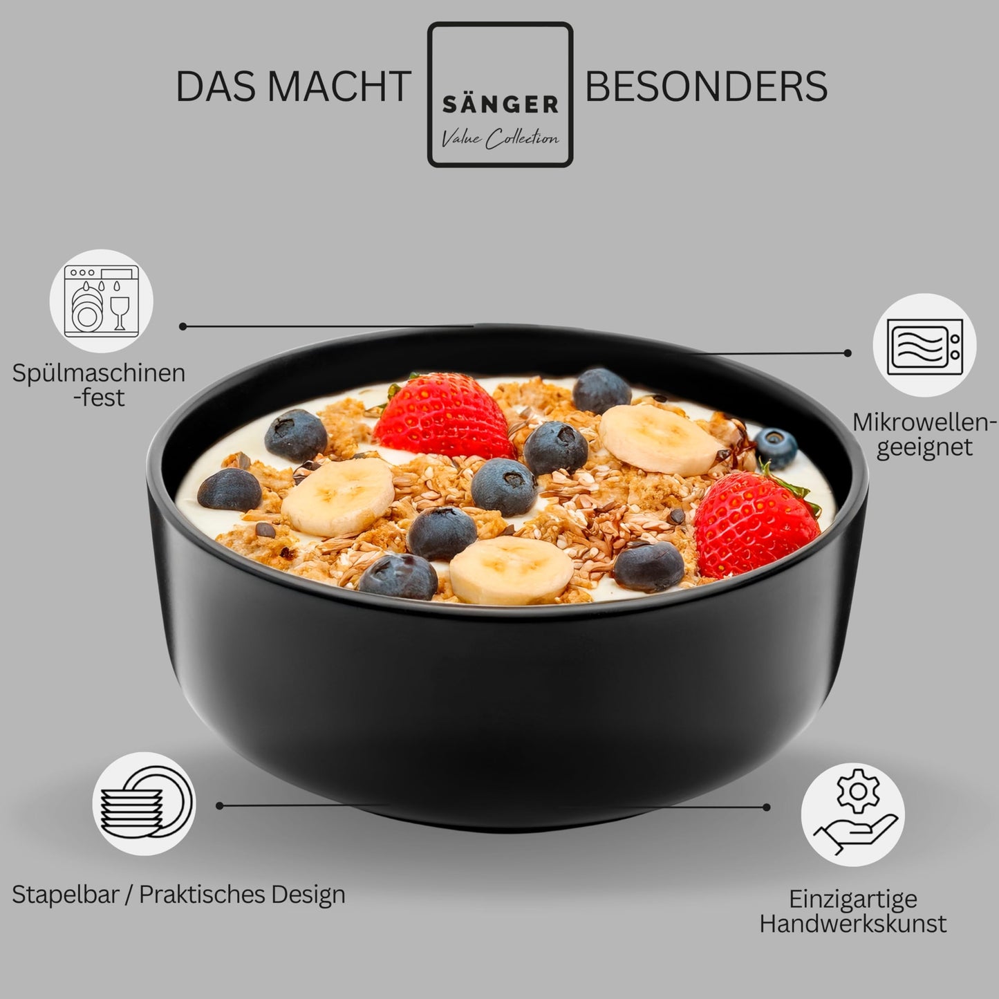 SÄNGER Madeira | Steingut Geschirr Set 18 tlg, Teller Set 6 Personen, Geschirrset 6x Speiseteller 6x Müslischalen 6x Dessertteller, Tafelservice schwarz kratzfest, Essgeschirr matt | VALUE COLLECTION