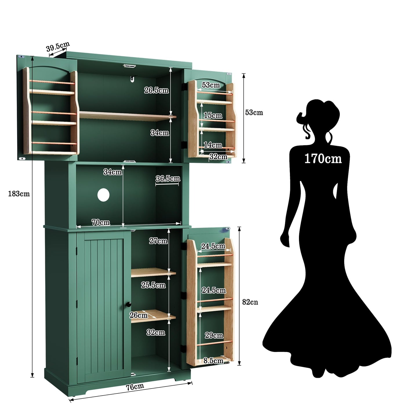 HOLTICO Küchenschrank mit Arbeitsplatte, Hochschrank Küchenbuffet Buffetschrank, Esszimmerschrank, Speisekammer mit Türen und Regalen für Esszimmer, Wohnzimmer, Waschküche,Schwarz