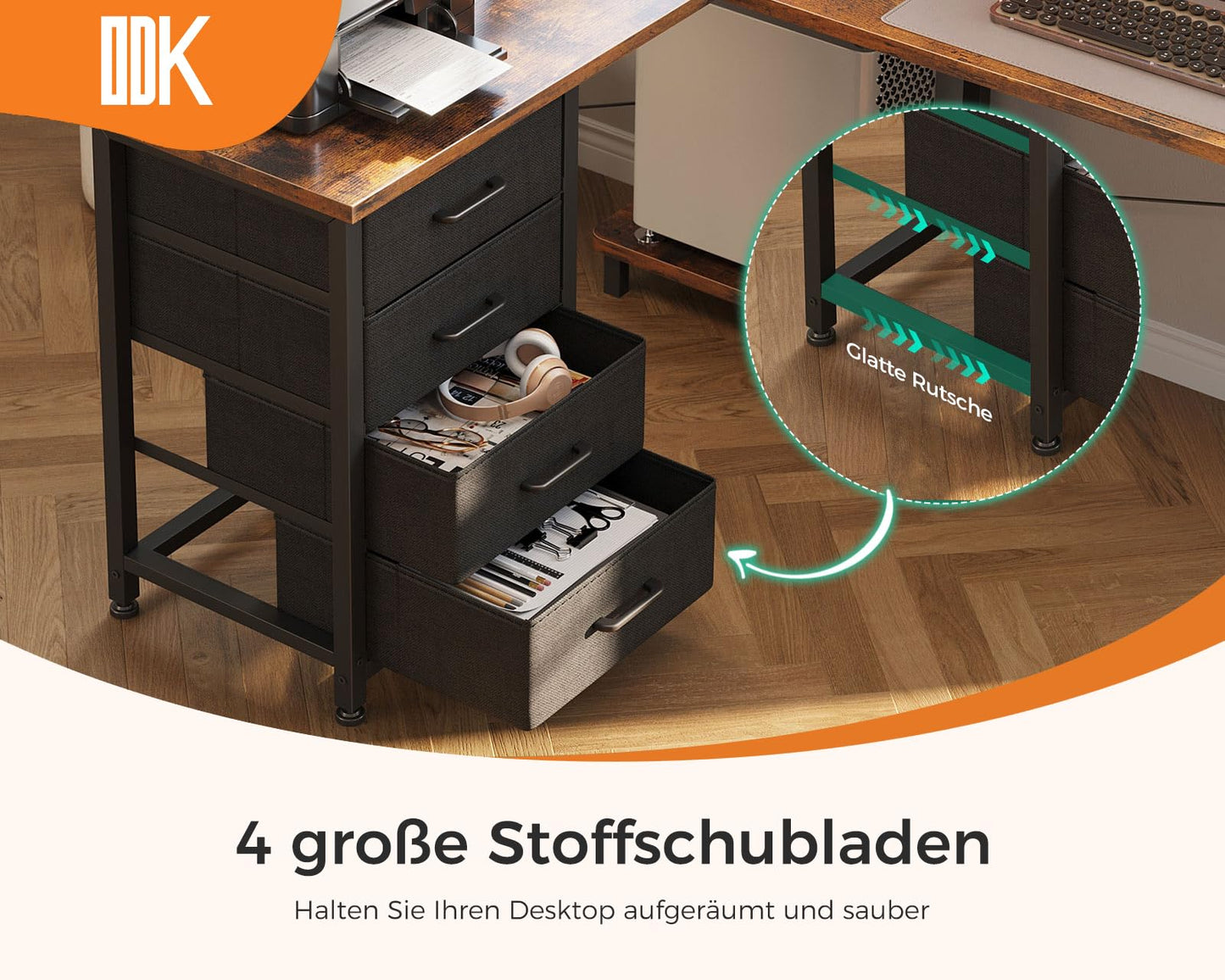 ODK Corner Desk with 4 Drawers, 135 x 100 cm, L Shape Desk with Socket and USB Charging Port, Reversible Desk with Storage Space for Home Office and Gaming, Black