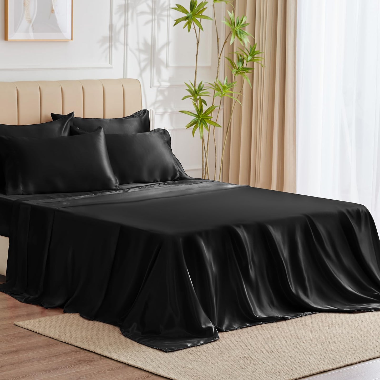 CozyLux Satin Sheets Queen Size - 4 Piece Black Bed Sheet Set with Silky Microfiber, 1 Deep Pocket Fitted Sheet, 1 Flat Sheet, and 2 Pillowcases - Smooth and Soft