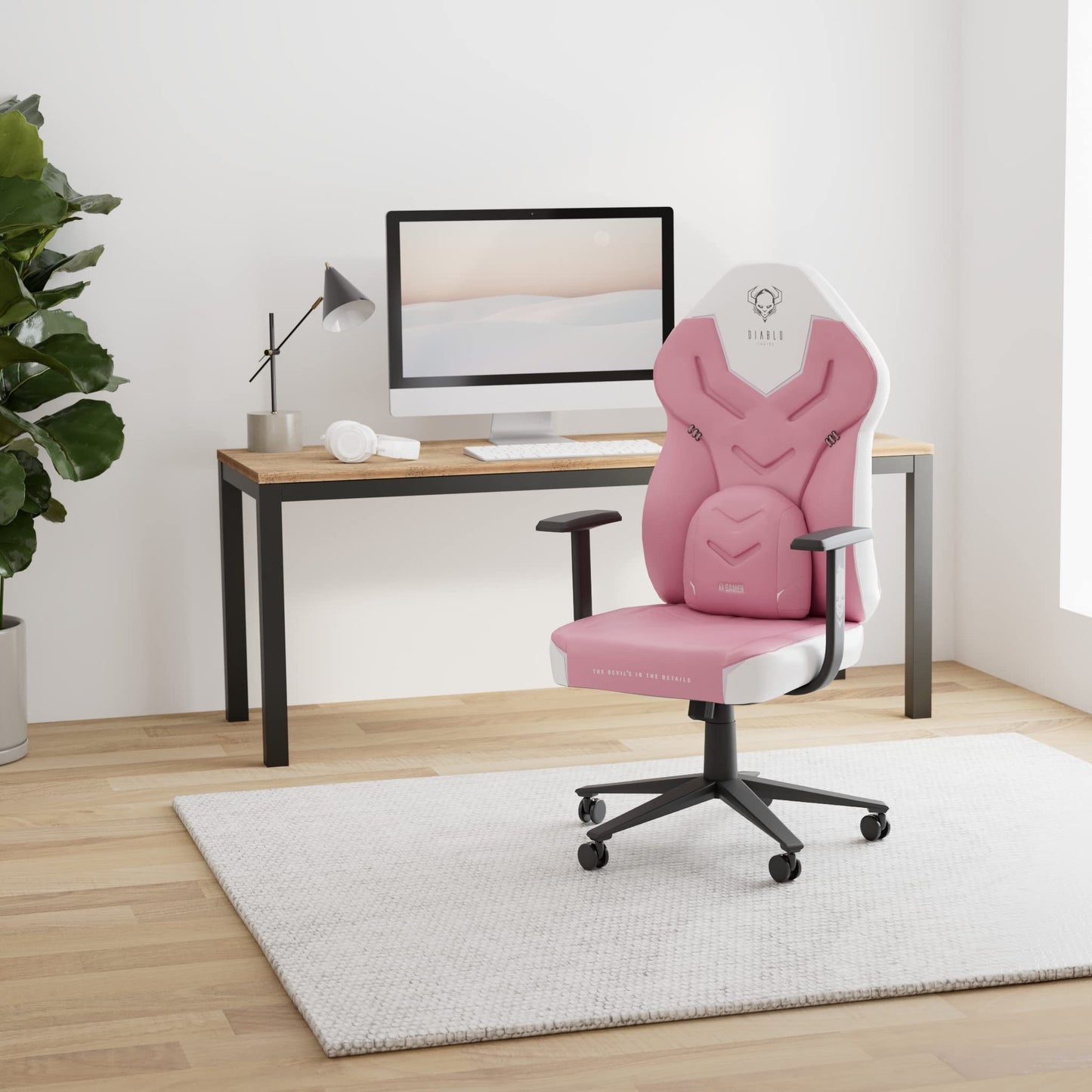 Diablo X-Gamer 2.0 Gaming Chair Office Chair Fabric Cover Ergonomic Design Lumbar Cushion Soft Pad Cushion (Pink-White)