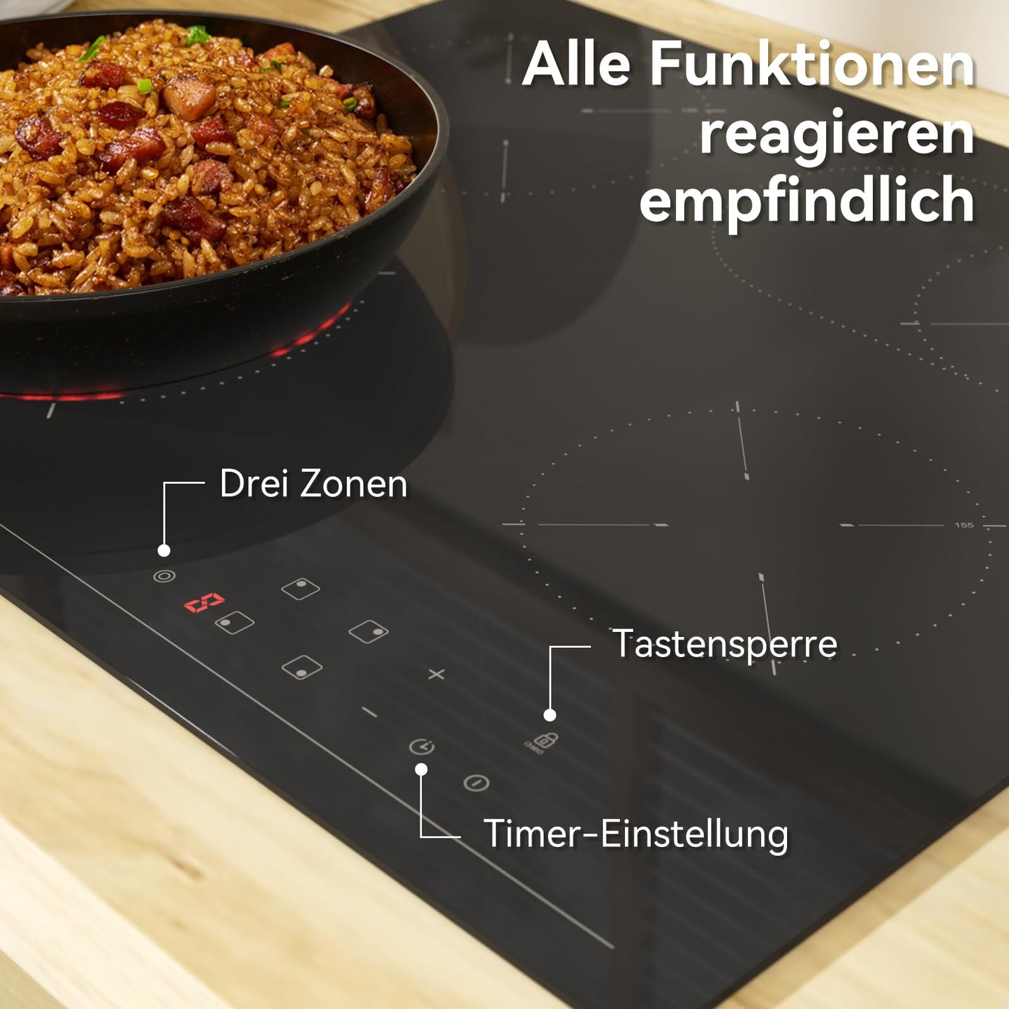 Hermitlux kochfeld 28,8cm, Glaskeramik Kochfeld 2 Platten, 9 Leistungsstufen, Touch-Steuerung, Timer, Kindersicherung, Geeignet für Alle Töpfe, 3300W