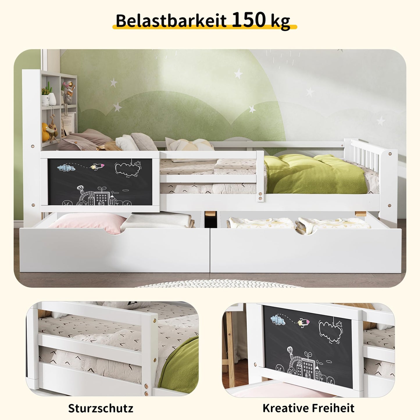 Children's Bed 90 x 200 cm, Wooden Bed with Drawers and Board, Headboard with Bookshelf and Fall Protection, Bed with Slatted Frame and Storage Space, Teenager's Bed, Functional Bed, Wooden Bed Frame,