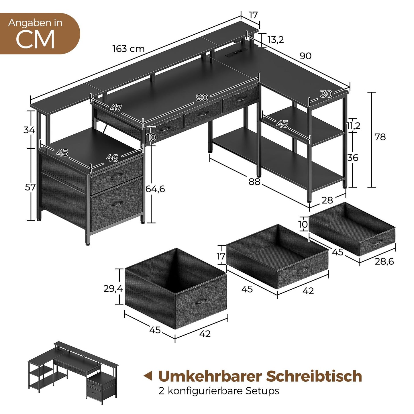 Seventable Schreibtisch L Form, Computertisch mit Steckdose, LED & Monitorständer, Reversibel Eckschreibtisch mit Schubladen, perfekt für Schlafzimmer Büro Wohnzimmer