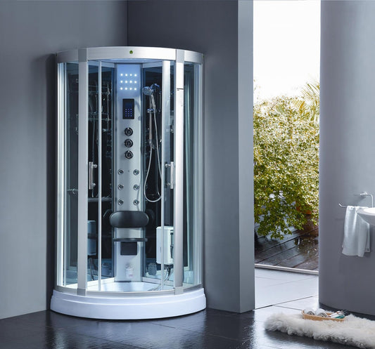 PureHaven Steam Shower 90 x 90 cm for 2 People with Tropical Shower LED Radio Massage Function Seat Rain Fall Shower Starry Sky Ozone Disinfection