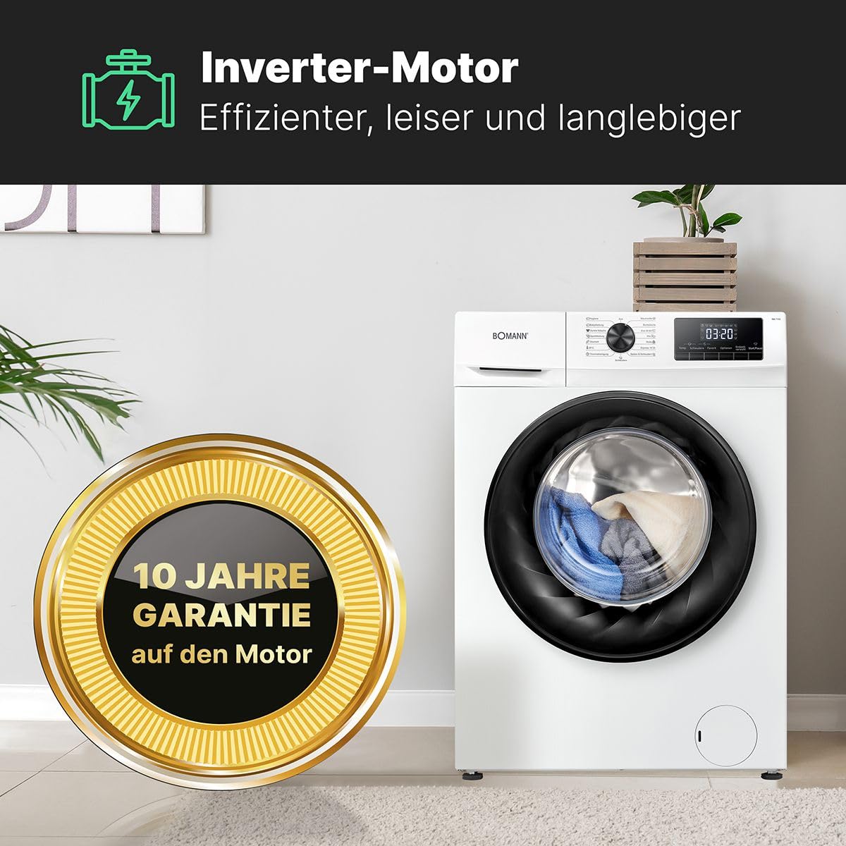 Bomann® Waschmaschine 10kg | max. 1400 U/min | 16 Programme | Bürstenloser DC-Motor: effizient, leise und langlebig | Endzeitvorwahl | Zulaufschlauch-Sicherheitssystem | Washing Machine | WA 7111