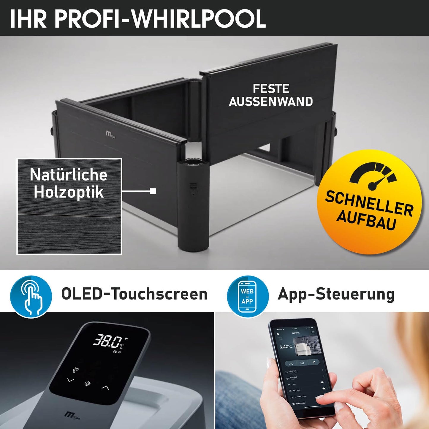 BRAST Whirlpool MSpa Oslo & Oslo Plus XXL mit Fester Außenwand | 160x160x65cm - 180x180x65cm | LED-Beleuchtung 20 Farben | 6 Personen | 120-140 Massagedüsen | Ganzjähriger Einsatz Winterfest