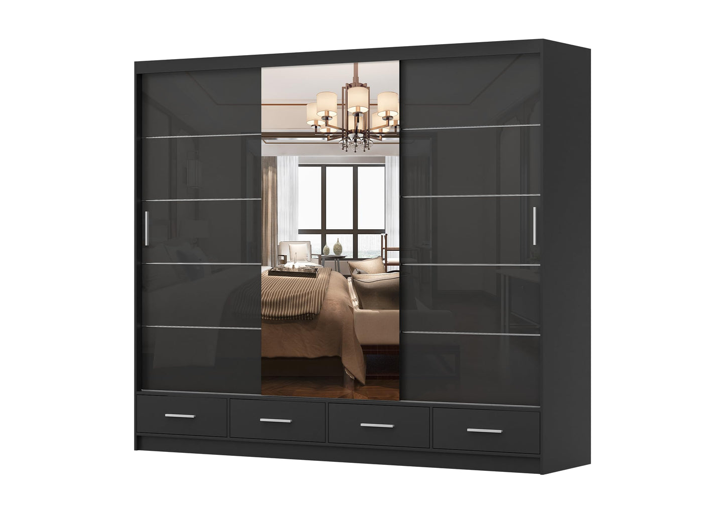 Fabryka Mebli Idźczak Kleiderschrank mit Spiegel weiß - Schwebetürenschrank - Schlafzimmerschrank - 61 x 250 x 218 cm - Wohnzimmerschrank - Garderobenschrank, Schrank mit 2 Türen, 4 Schubladen