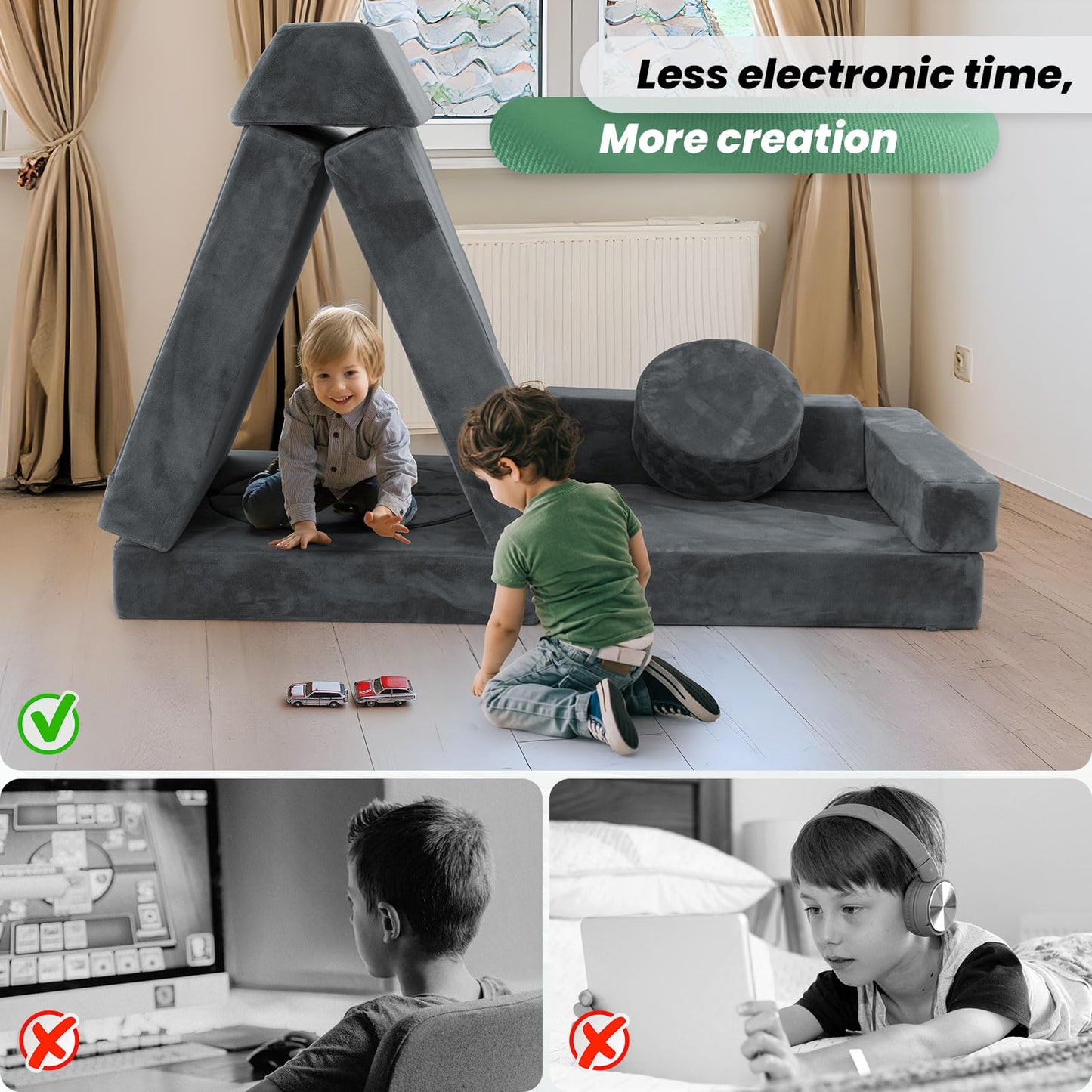 HOMFINE 16pcs Modular Kids Play Couch, Kids Toddler Couch, Child Sectional Sofa, Versatile Kid Sofa for Playroom Bedroom, Convertible Foam and Floor Cushion for Boys and Girls, Grey