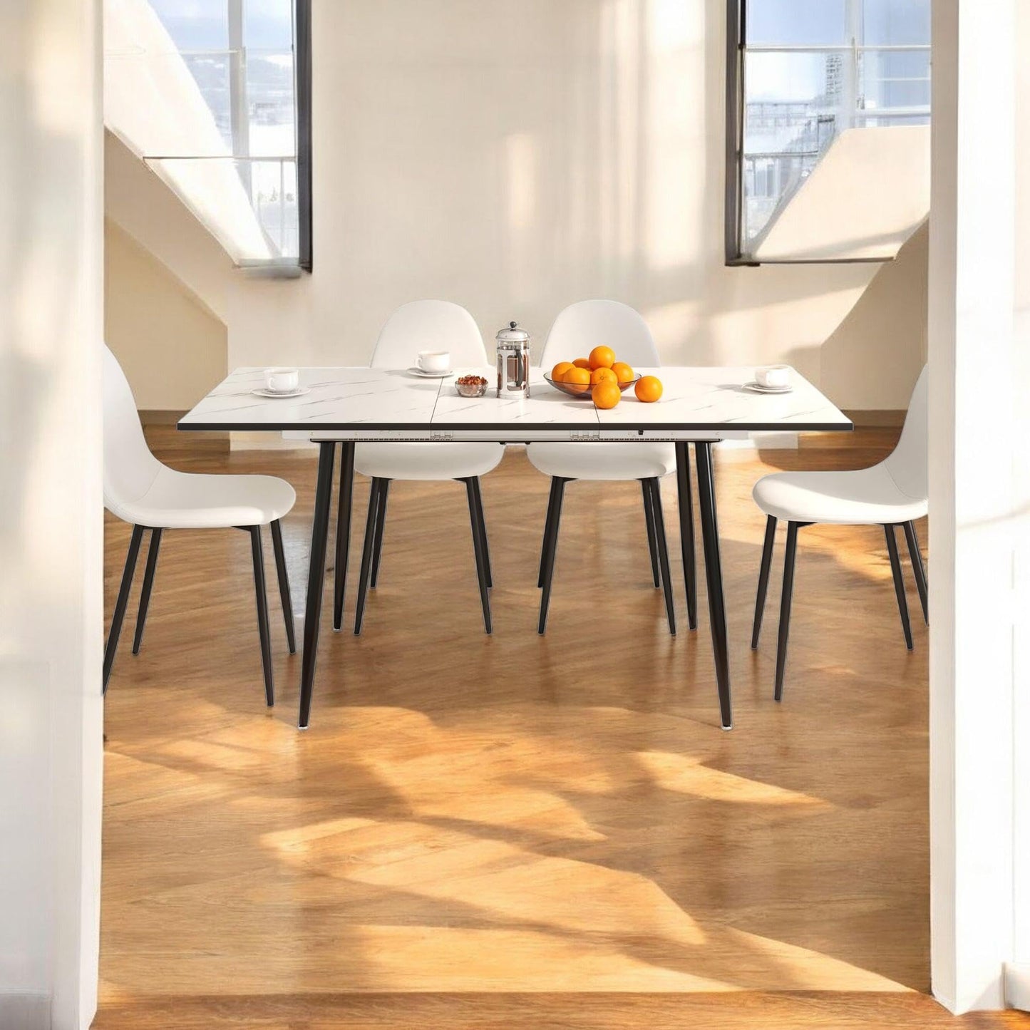 FurnitureR Esstisch, ausziehbar, L-120 – 160 cm für 6 – 8 Personen, Elegantes Design, Tischplatte aus weißem Marmor, MDF mit Metallbeinen, vielseitig und minimalistisch, Küchentisch