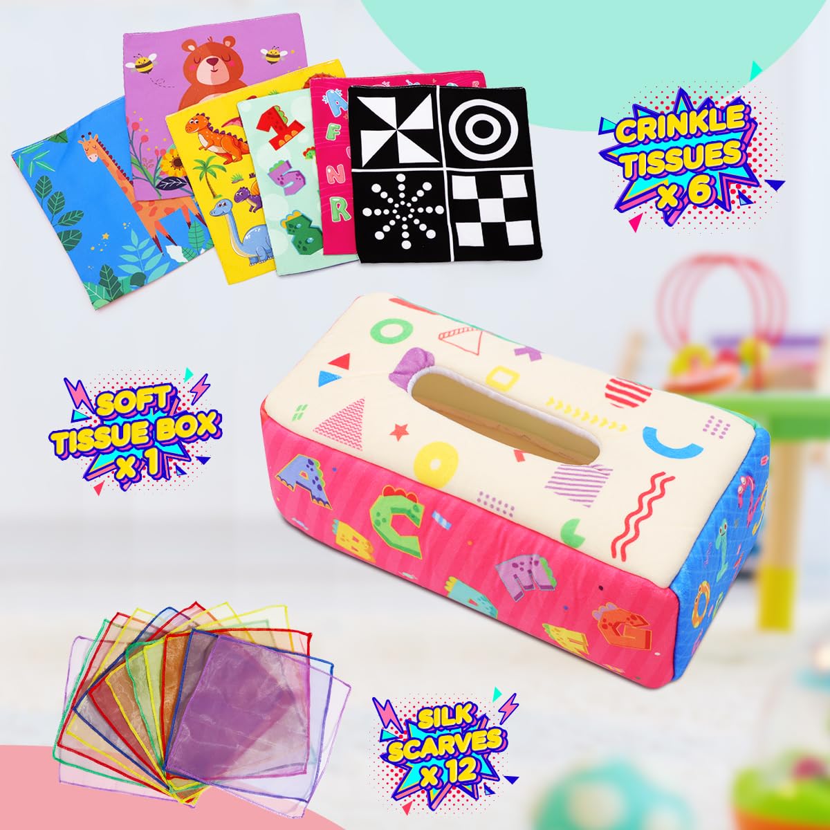 URMYWO Baby Toy 6 Months, Tissue Box Toy - Montessori - Sensory Technology, Contrast Baby Toy 0 6 12 Months, Boys Girls Children Early Learning Toy Baby Gift