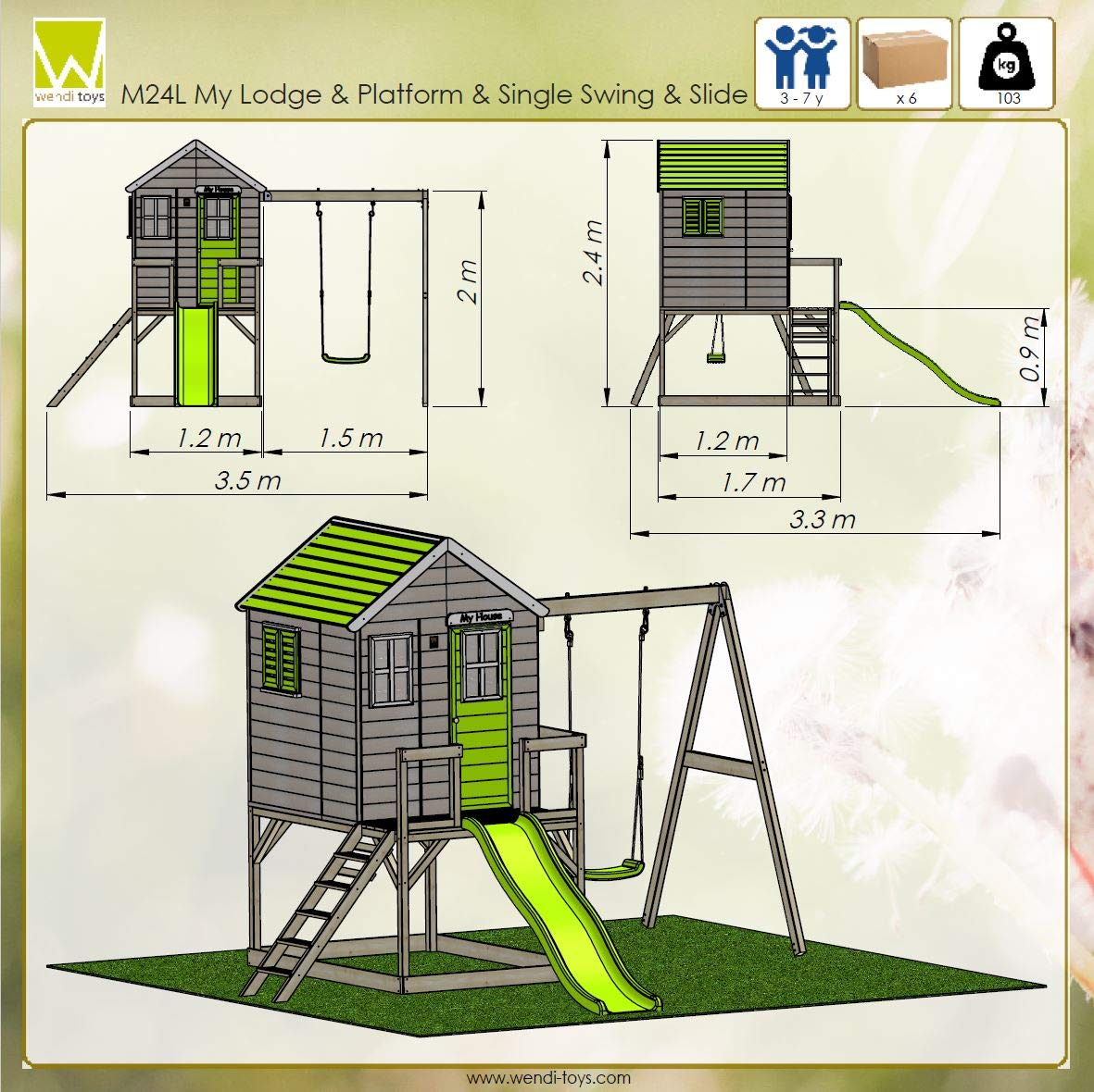 Wendi Toys M24G Children's Outdoor Stilt House with Slide and Swing, 330 x 350 x 242 cm, Grey, FSC Wood, Playhouse Children Outdoor with Swing & Plastic Slide for Garden, Playground for Garden