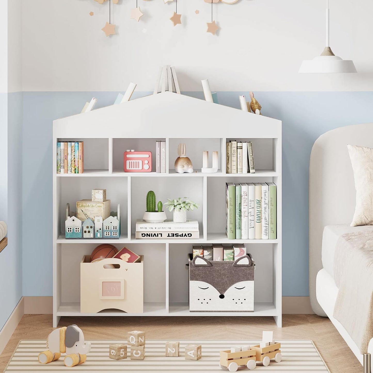 Garvee Kinder Bücherregal mit Lese Breite Kinder Bücherregal 6-Cubby Spielzeug Aufbewahrung Organizer Sitzkissen Holz Aufbewahrungsbank Spielhaus Schrank Kinderzimmer, Spielzimmer Weiß 121x30x107cm