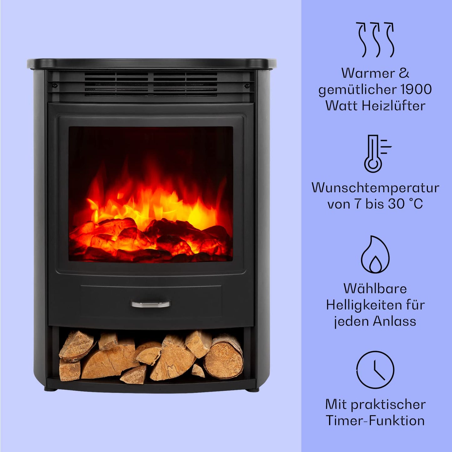 Klarstein Elektrokamin, Elektro Heizungen für Wohnzimmer & Innenräume, Elektrischer Kamin mit LED Flammen, mit Fernbedienung, Heizlüfter mit Timer, Einstellbarer Thermostat, Heizung 1900 W