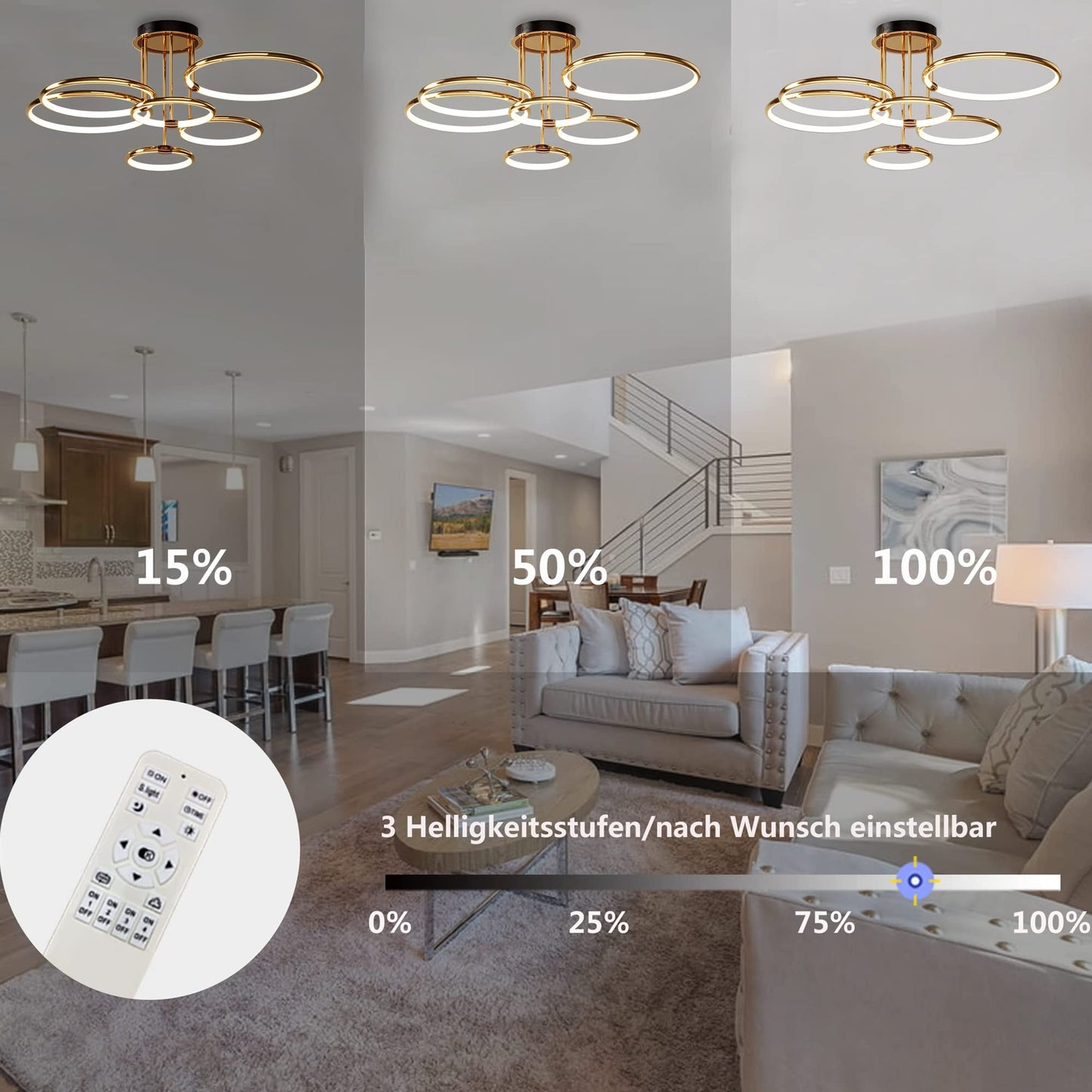 LED Deckenleuchte Modern Design Deckenlampen Gold 5-Ring Lampen Dimmbar Wohnzimmerlampe mit Fernbedienung, Aluminium Led Beleuchtung für Wohnzimmer Schlafzimmer Küche Esszimmer Büro 93cm, 108W…