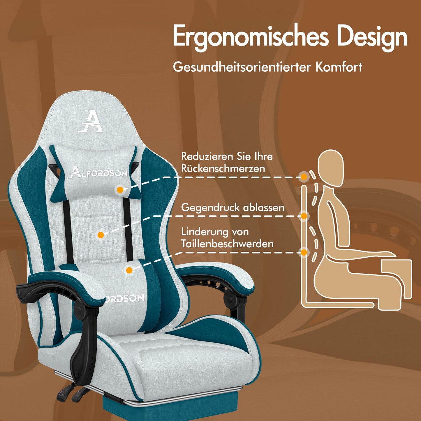 ALFORDSON Gaming-Stuhl mit Massage-Lendenwirbelkissen, ergonomischer Gamer-Racer-Stuhl mit Verstellbarer Rückenlehne, Drehstuhl mit Fußstütze, höhenverstellbar, Schwarz