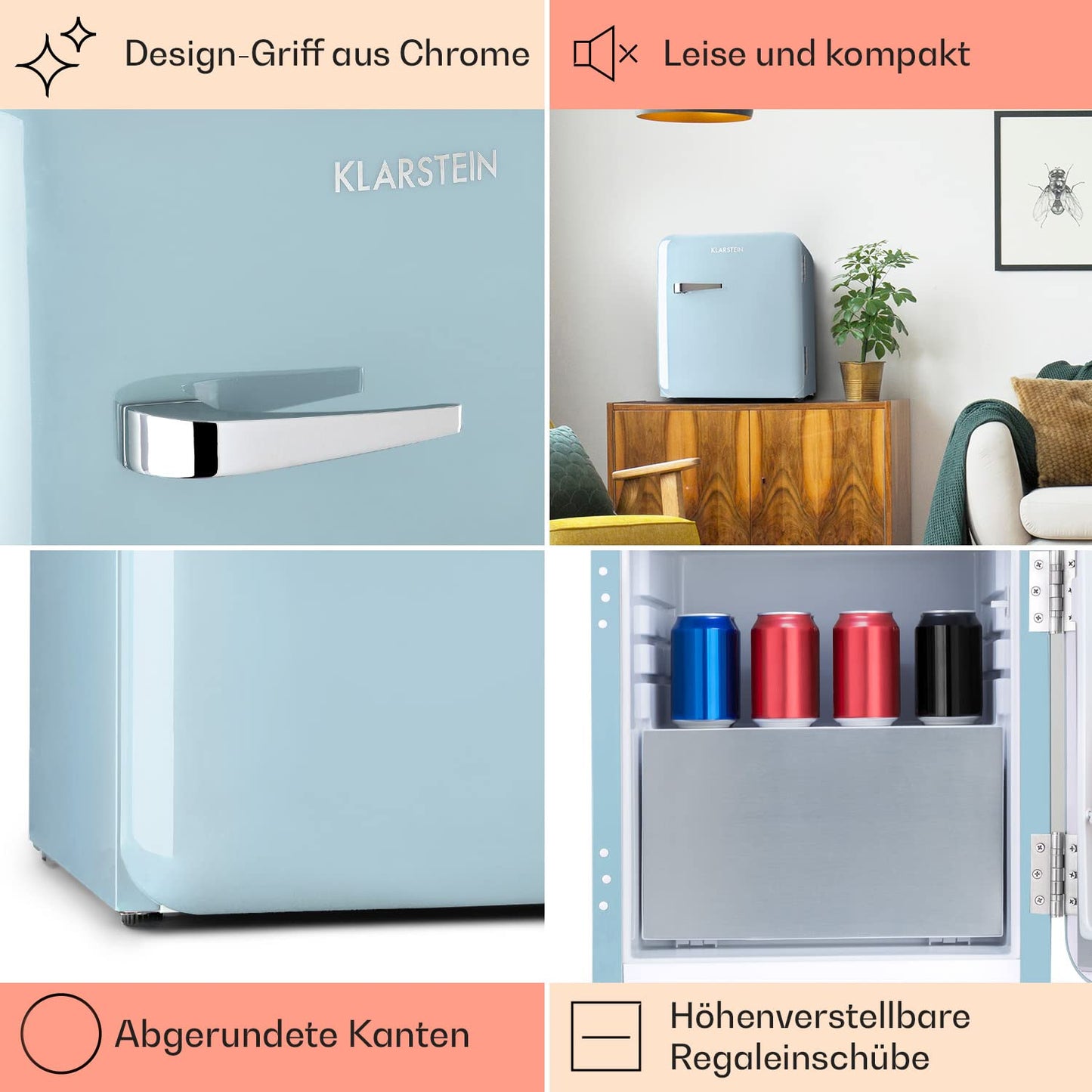 Klarstein Kühlschrank, Mini-Kühlschrank für Getränke, Kühlschrank Klein, Kleiner Kühlschrank Lautlos, Skincare Fridge, Vintage Design, Camping Kühlschrank, Minikühlschrank für Zimmer, 0-10°C, 70 L