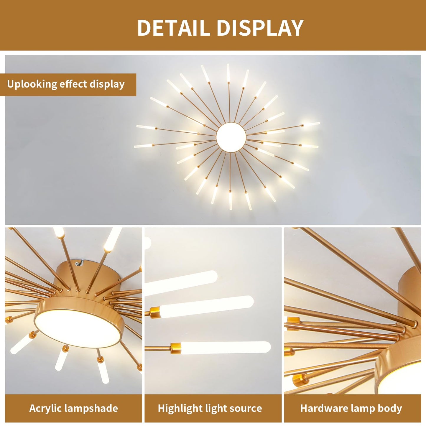 minifair Moderne LED-Deckenleuchte, 12 + 1 Köpfe, halbbündige Deckenleuchte, goldene Kronleuchter, Deckenbeleuchtung für Schlafzimmer, Wohnzimmer, Küche, Esszimmer, Restaurant