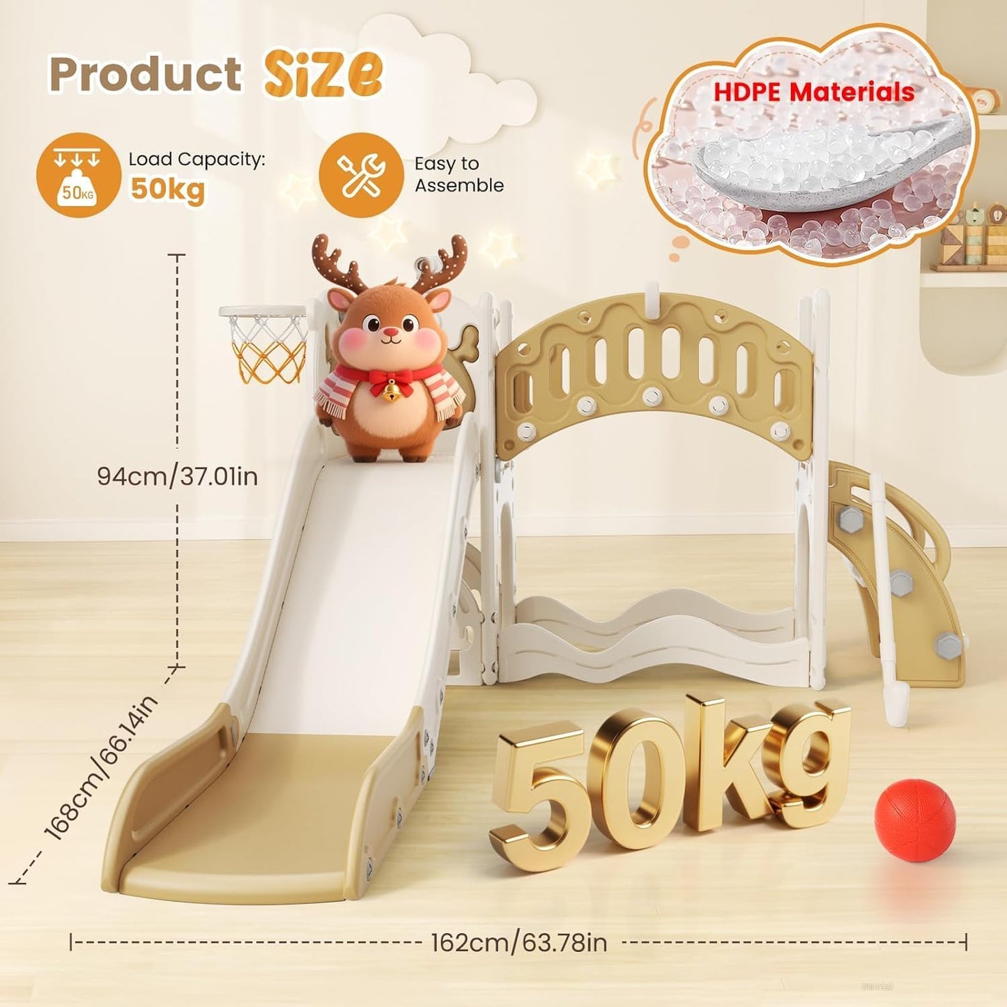 Children's Slide, Large Toddler Slide with Basketball Hoop, Climbing Frame for the Garden, Telescope, Storage Space, for 1-3 Years, Extra Long 1700 mm (7-in-1 Elk Slide Active Model (Khaki)))