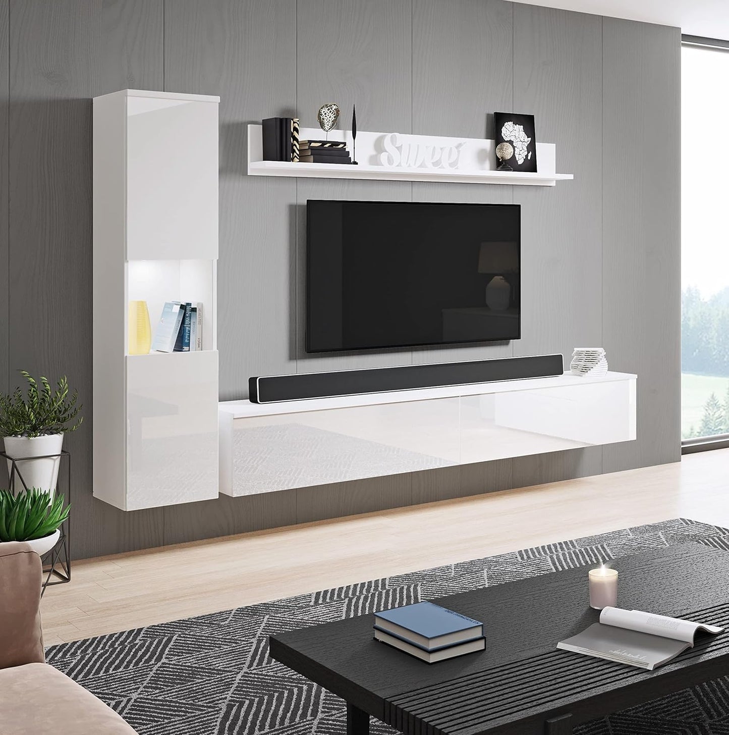 MINIO go for it - Parma XL Wall Unit, 4-Piece Set, with LED Lighting, Hanging or Standing, 2 x Highboard, Lowboard, Wall Board, Laminated Chipboard, Colour: Wotan Oak