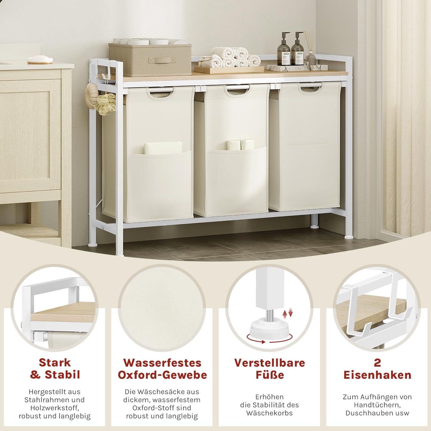 WOLTU Laundry Basket, 3 Compartments, Each 40 L, Laundry Hamper with Shelf Metal Frame, Oxford Fabric Laundry Bag, Extendable, Removable, Laundry Sorter, Laundry Container, White