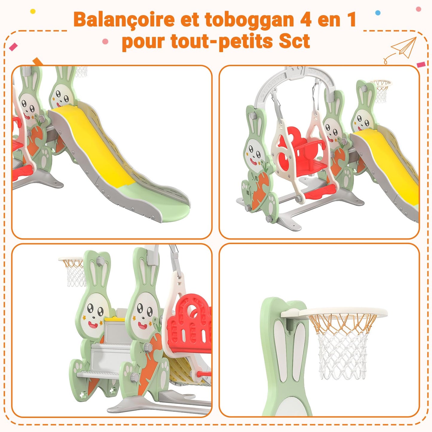 DADEA 6 in 1 Kinderrutsche mit Korb, Rutsche und Schaukel für Kinder im Freien Grün, 150 × 150 × 115 cm, Babyschaukel und Rutsche für Kinder zu Hause Schaukel Kinderrutsche, Grün