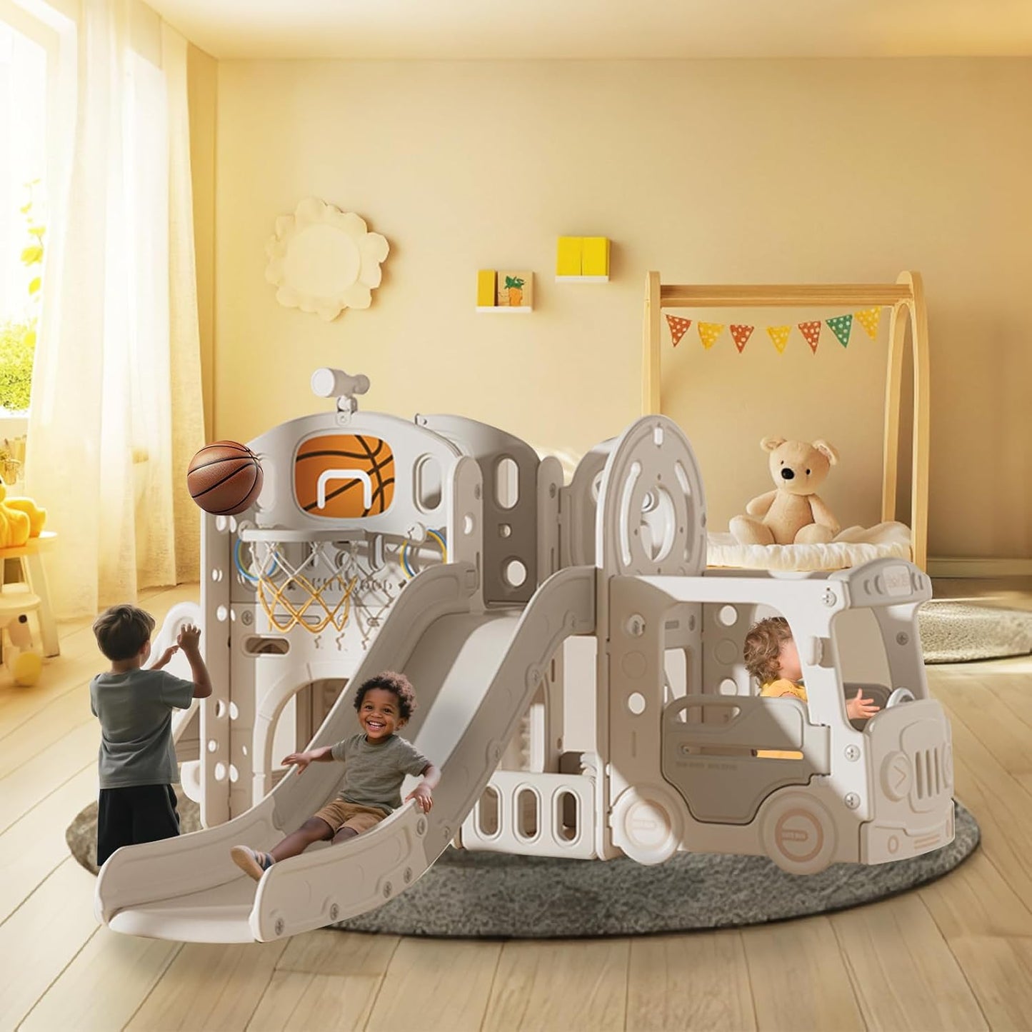 Kakbgee 8-in-1 Kinder Rutsche, Baby Slide, Mini-Bus, 2m HDPE Kinderrutsche - mit Geländer, Futschfesten Stufen, Tunnel, Stauraum, Gartenrutsche Spielplatz für Drinnen/draußen, ab 6 Monaten, Grau