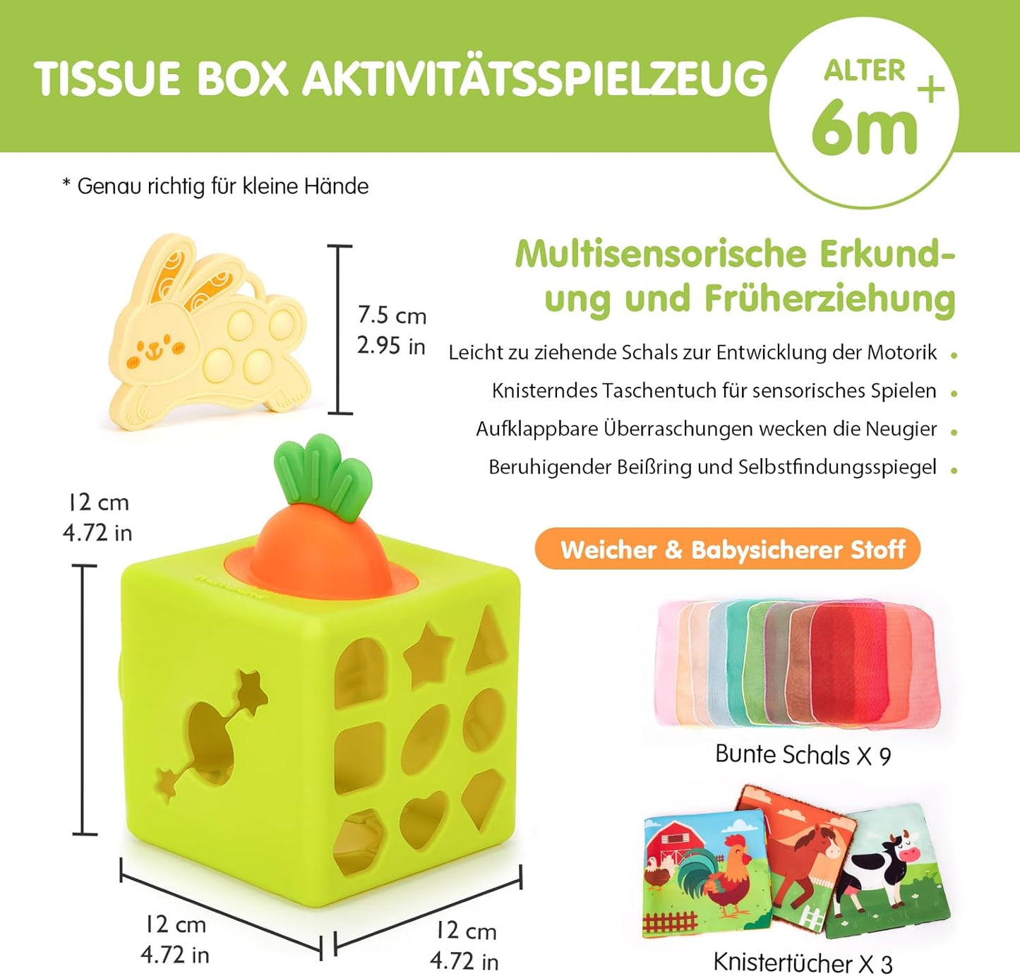 hahaland Baby Spielzeug 6 Monate - Silikon Tücher Box, Montessori Tücherbox Baby Sensorik Spielzeug, 6-in-1 Busy Würfel mit Tüchern, Spiegel, Beißring,Geschenk für Babyspielzeug ab 6 9 12 Monate