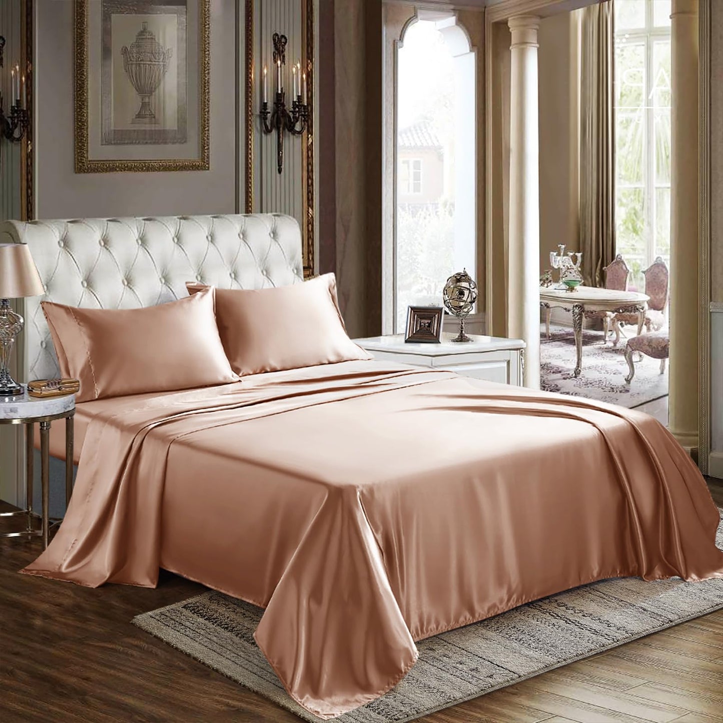 CozyLux Satin Sheets Queen Size - 4 Piece Black Bed Sheet Set with Silky Microfiber, 1 Deep Pocket Fitted Sheet, 1 Flat Sheet, and 2 Pillowcases - Smooth and Soft