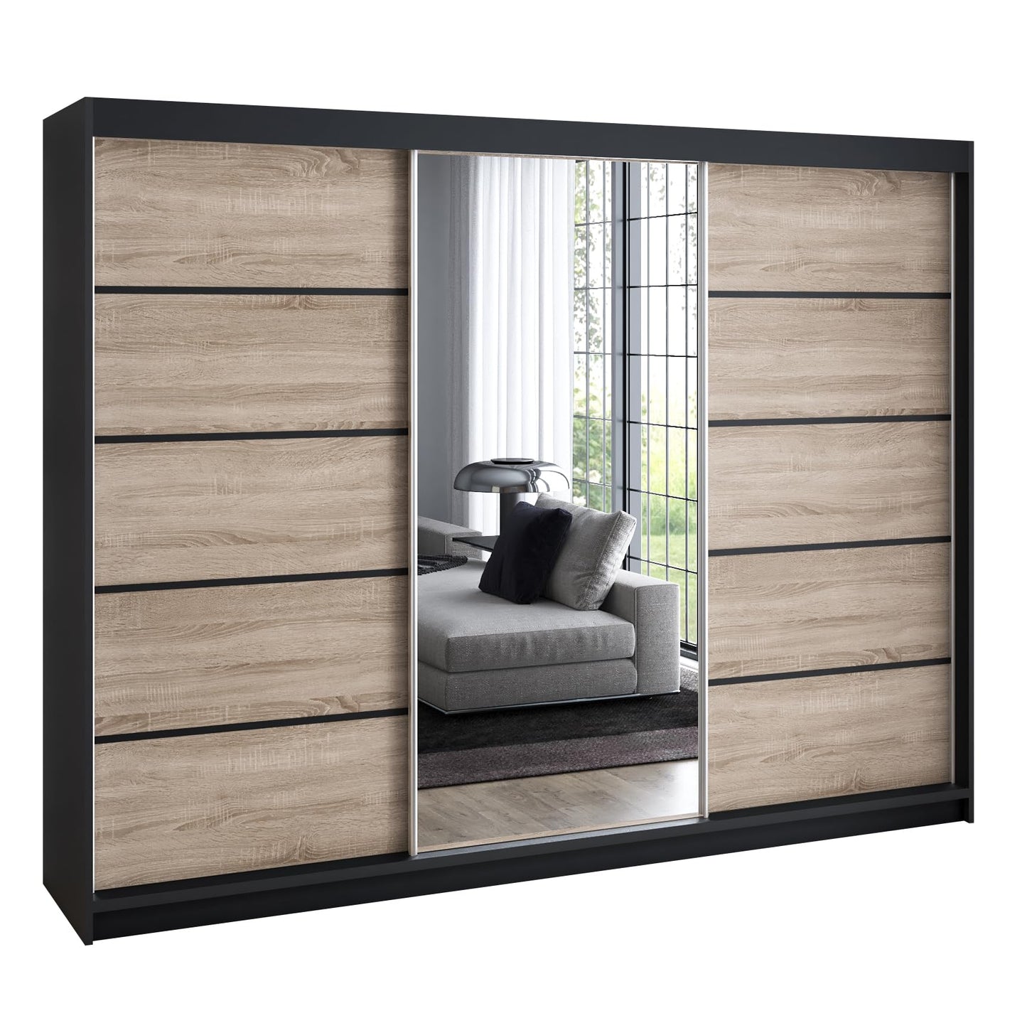 A&J MöbelLand Schwebetürenschrank VILANO 2, 3-türig Schrank 200 cm Kleiderschrank mit 4 Schubladen, und Spiegel (Weiß, Schwarz, Somona) (Schwarz/schwarz/schwarz)
