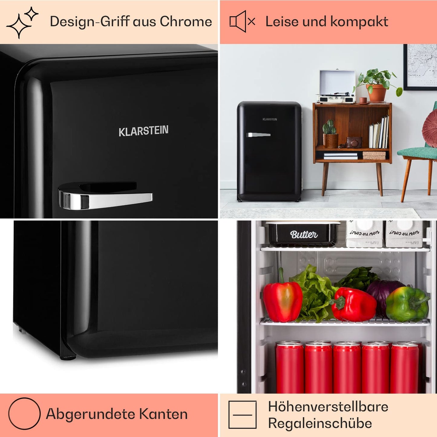 Klarstein Kühlschrank, Mini-Kühlschrank für Getränke, Kühlschrank Klein, Kleiner Kühlschrank Lautlos, Skincare Fridge, Vintage Design, Camping Kühlschrank, Minikühlschrank für Zimmer, 0-10°C, 70 L