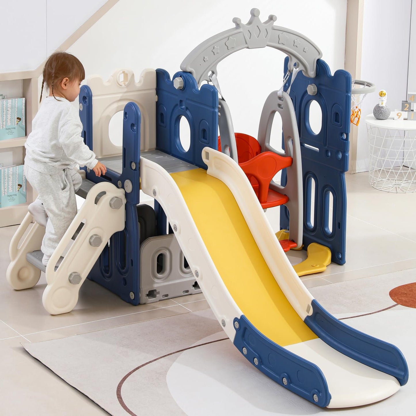 BestAlice 4 in 1 Kinderrutsche Set für Outdoor und Innen, Spielplatz mit Schaukel, Basketballkorb, Kletterleiter, Indoor- und Outdoor-Spielset, 18 Monate + (Blau)