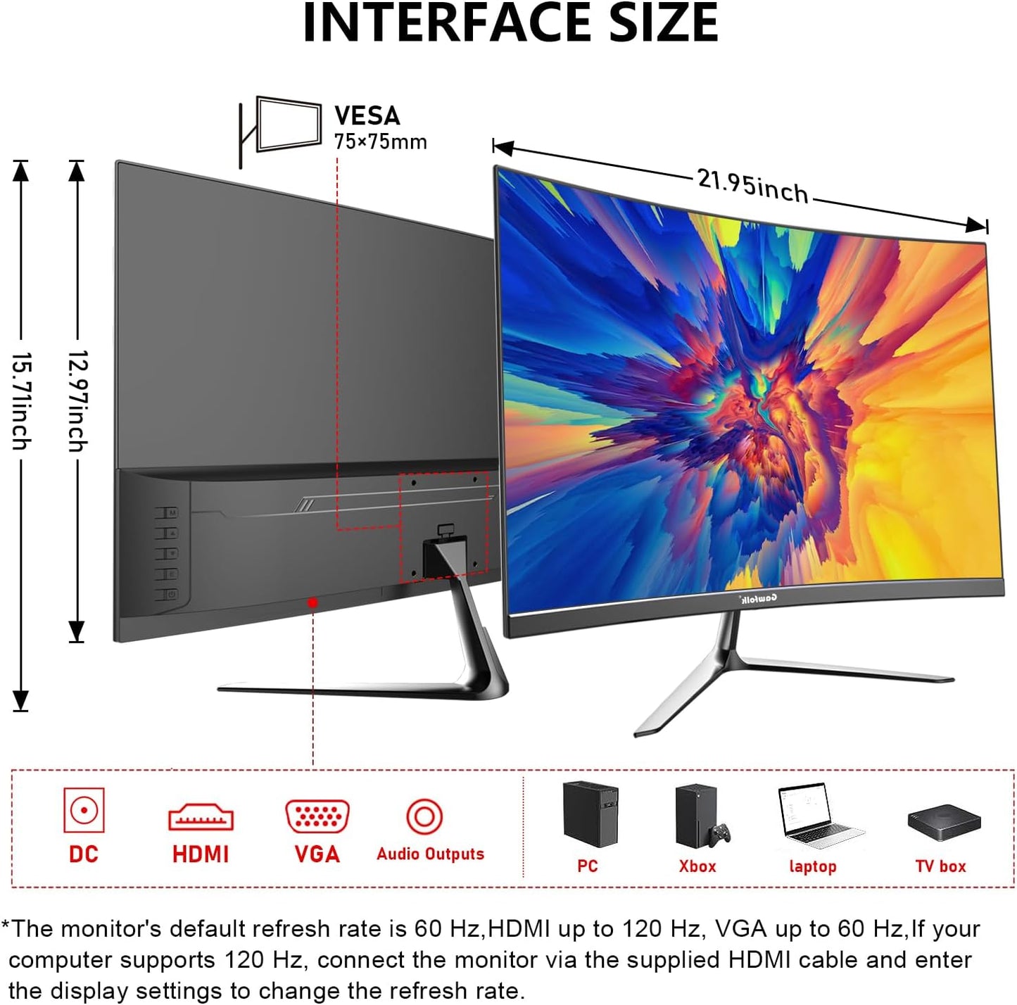 Gawfolk 32 Zoll Curved Gaming Monitor 180HZ / 165Hz / 144hz PC Bildschirm Full HD 1080P, Rahmenloses 1800R Gebogenes Computerbildschirm mit FreeSync und Eye Care Technologie, unterstützt VESA