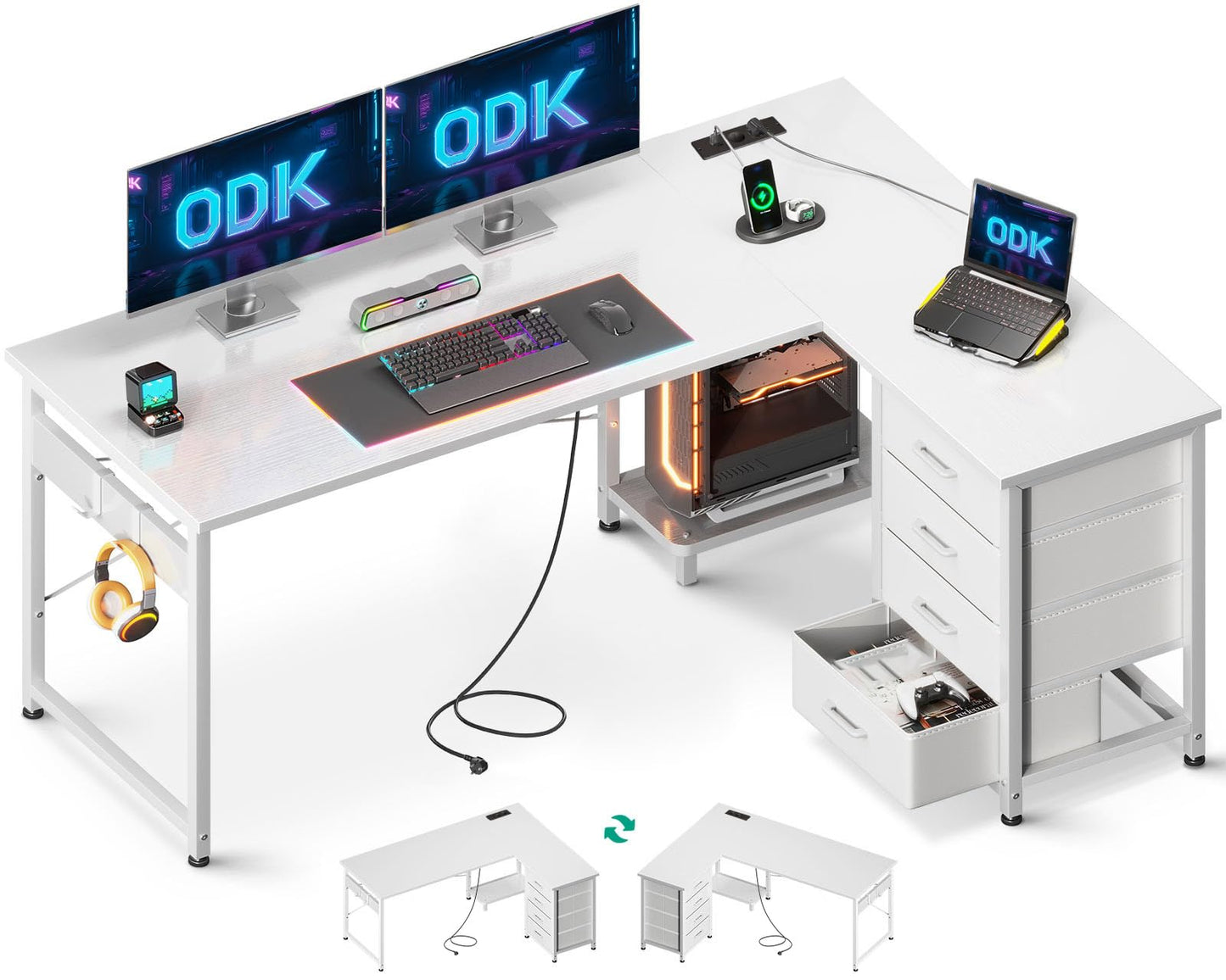 ODK Corner Desk with 4 Drawers, 135 x 100 cm, L Shape Desk with Socket and USB Charging Port, Reversible Desk with Storage Space for Home Office and Gaming, Black