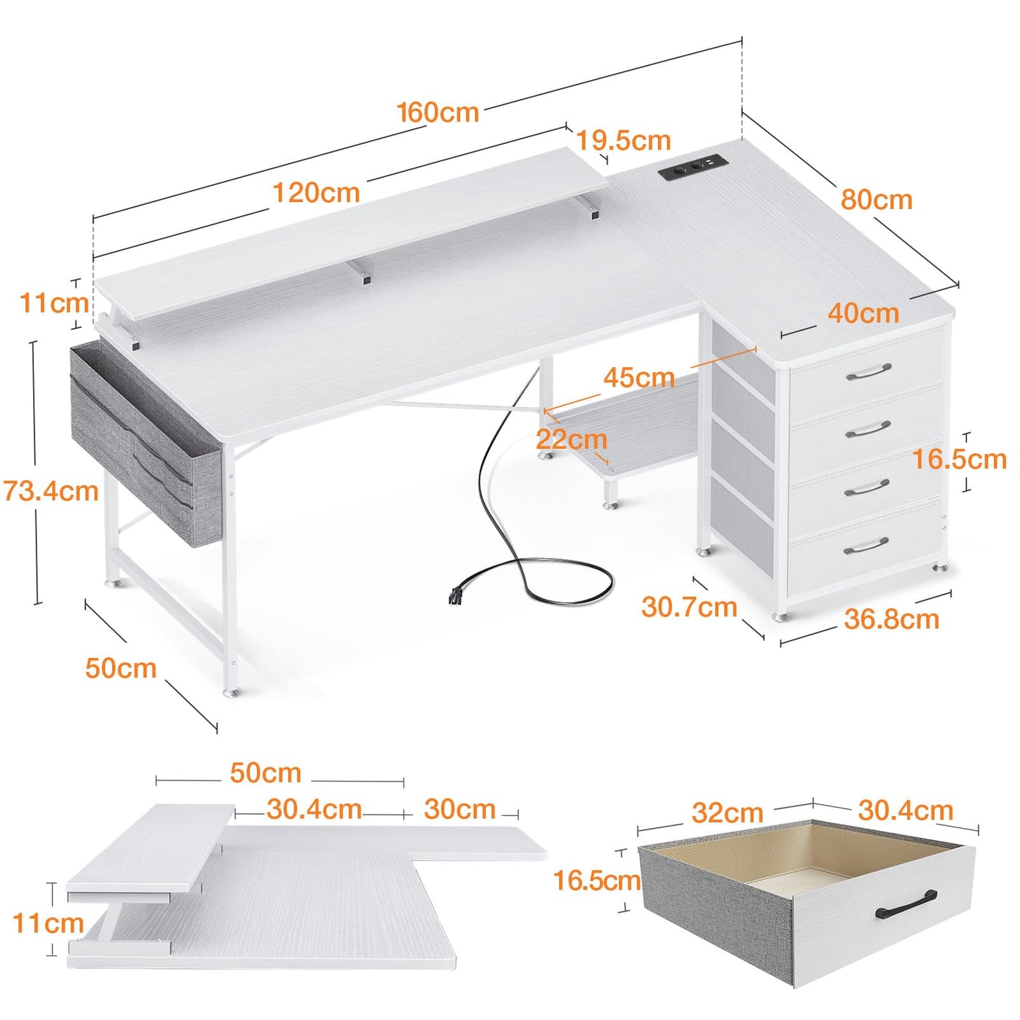 ODK Corner Desk with 4 Fabric Drawers, 140 x 80 cm, Desk L Shape Reversible with USB Charging Port and Socket, L Shaped Desk with Monitor Shelf for Home Office, White