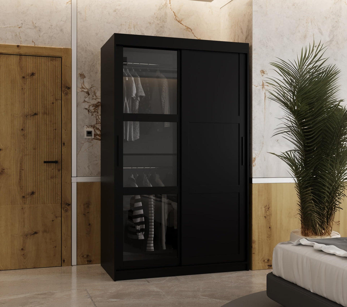 MEBLE KRYSPOL Dome 2 Schrank mit DREI Schiebetüren mit Spiegel, Stangen und Regalen - Aufbewahrungsschrank mit Rauchglas für Schlafzimmer, Wohnzimmer - 200x250x62cm - Schwarz, Schwarz, Schwarz