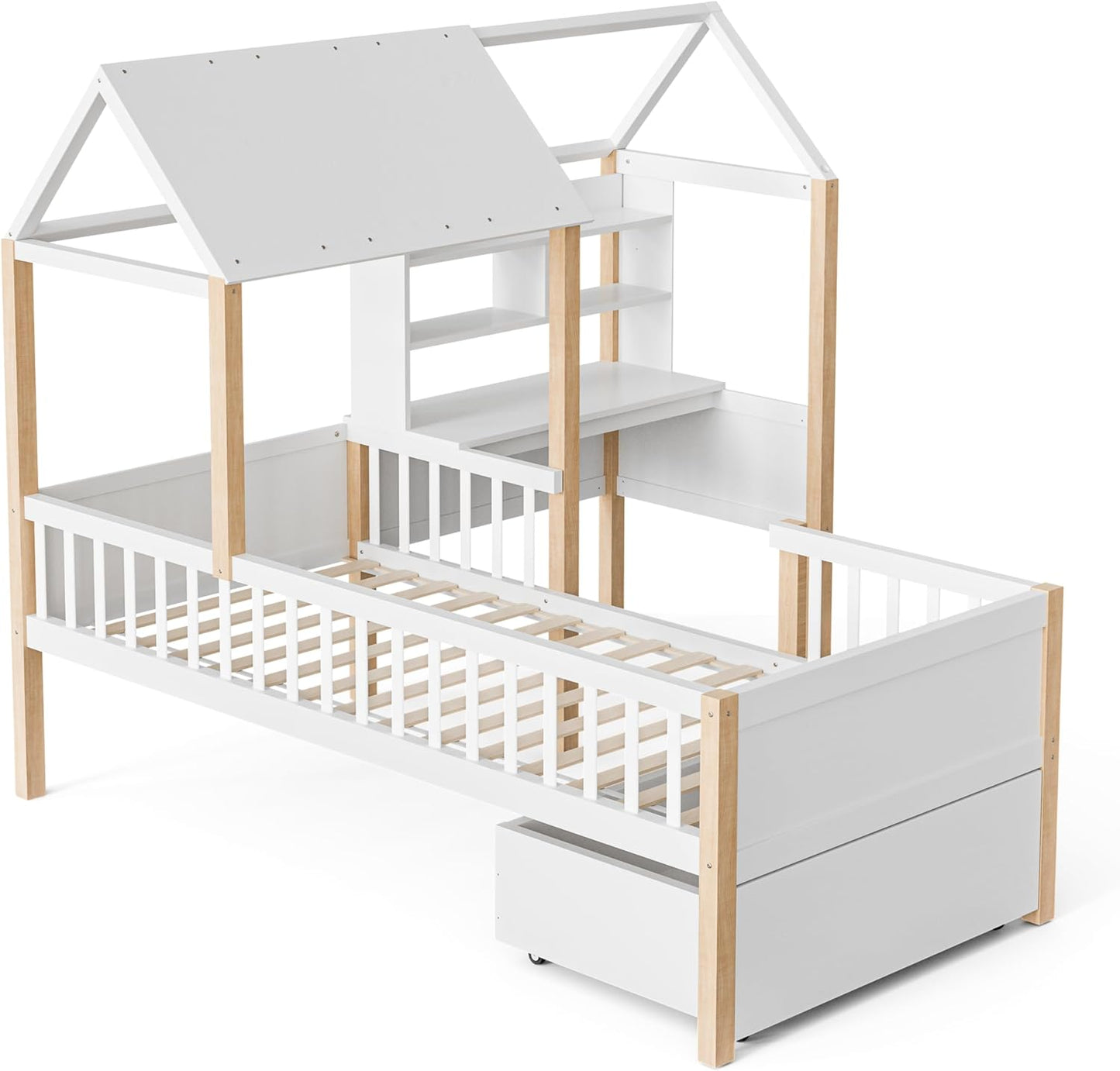 Merax Children's Bed 90 x 200 cm with Fall Protection, Children's House Bed with Drawers and Storage Shelf, Sturdy Wooden Tree House Bed with Slatted Frame, Play Bed for Boys and Girls, White