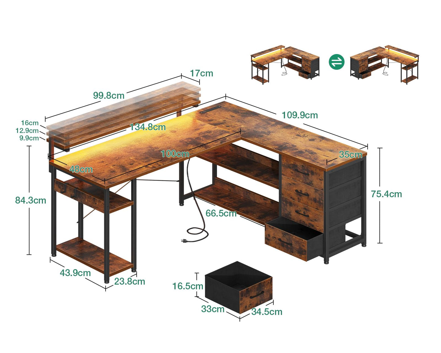 ODK Schreibtisch mit Schubladen, Reversible Eckschreibtisch mit 2 Steckdosen und 2 USB Ladeanschluss, Bürotisch L Form mit LED für Home Office 135×110cm (Graueiche)