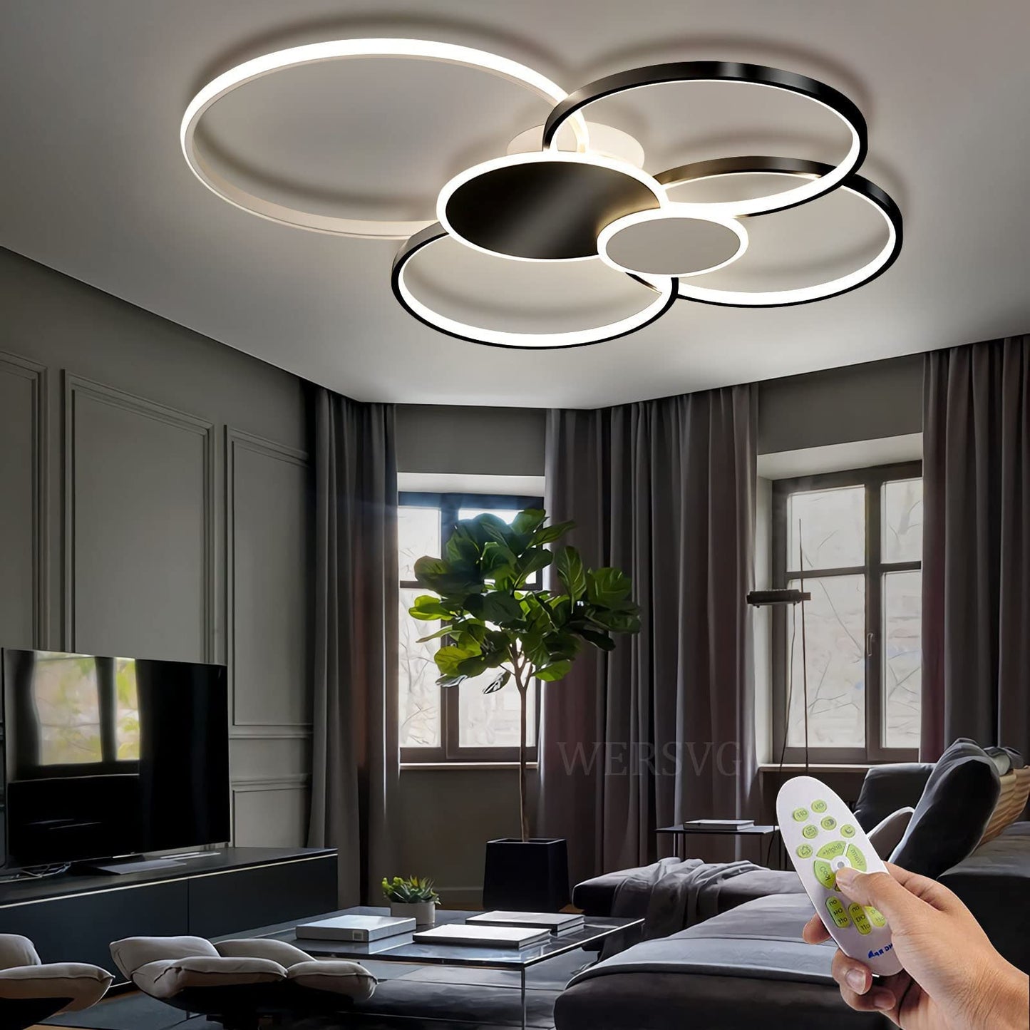 WERSVG L80cm Modern LED Deckenleuchte Wohnzimmer Deckenlampe gold 6-Ring Deckenleuchte 70W 5600LM Dimmbar 3500K - 6500KMit Fernbedienung flurlampe decke, für Wohnzimmer Schlafzimmer Küche Esszimmer