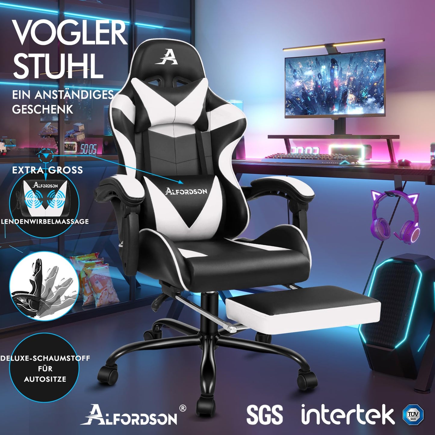 ALFORDSON Videospielstuhl, ergonomischer Bürostuhl, Massage-Rennstuhl, einziehbare Fußstütze, PU-Leder, höhenverstellbar und neigbar, 180 kg Tragkraft, Schwarz